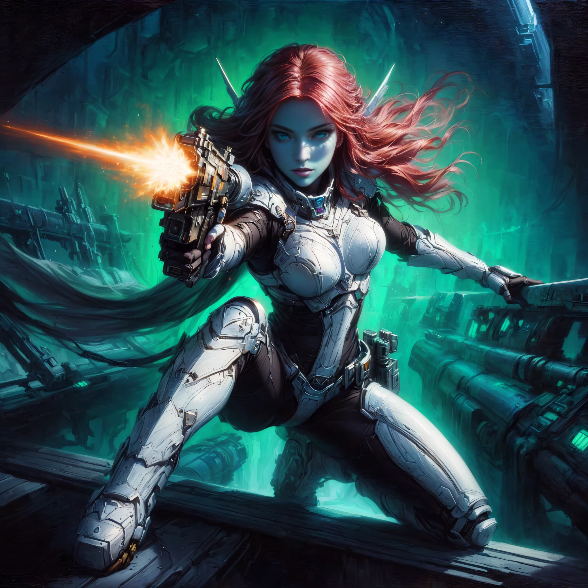 a painting of a woman with a gun in her hand, Science-Fiction-Fantasy-Kunst, epische Sci-Fi-Fantasy-Kunst, epische Sci-Fi-Charakterkunst, epische Sci-Fi-Charakterkunst, epische Scifi-Charakterkunst, detaillierte Sci-Fi-Kunst, detailed Digitale 2D-Fantasy-Kunst, Digitale 2D-Fantasy-Kunst, artgerm julie bell beeple, 4K-Fantasy-Kunst