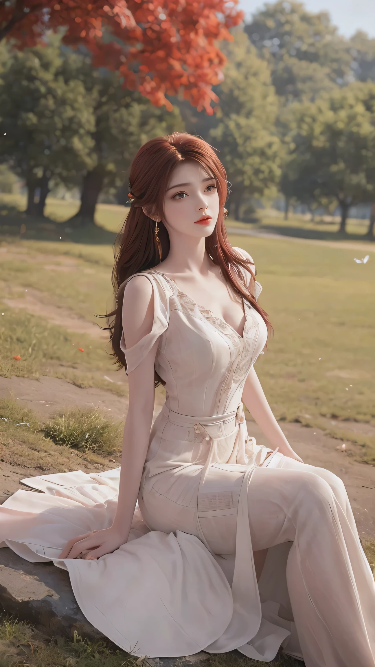 8K Ultra HD, Mastmis, A girl, Good face, Detailed, Eyes, Beautiful lips, Very red hair, dishiveredhair, Medium breasts, Wedding dress, White dress, In the park, Flying birds, blows wind, clear weather, Sitting, Full body capture,