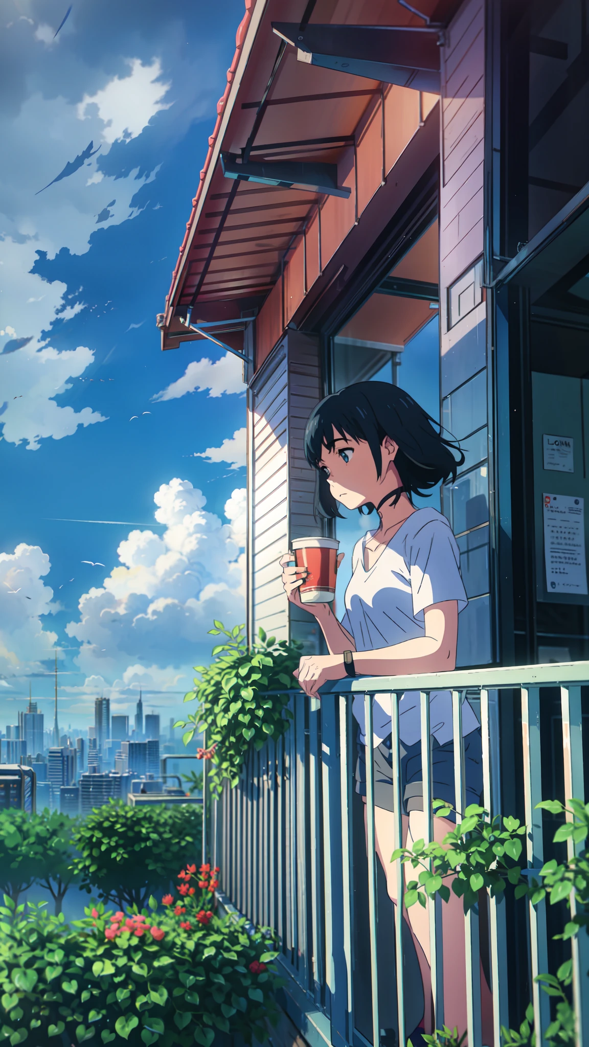 a girl standing on a balcony with a cup of coffee, cgsociety 9, chillhop, alena aenami and artgerm, makoto shinkai and artgerm, lofi girl aesthetic, anime scenery, makoto shinkai and (cain kuga), lofi aesthetic, anime landscape, anime nature, roof background, anime wallaper