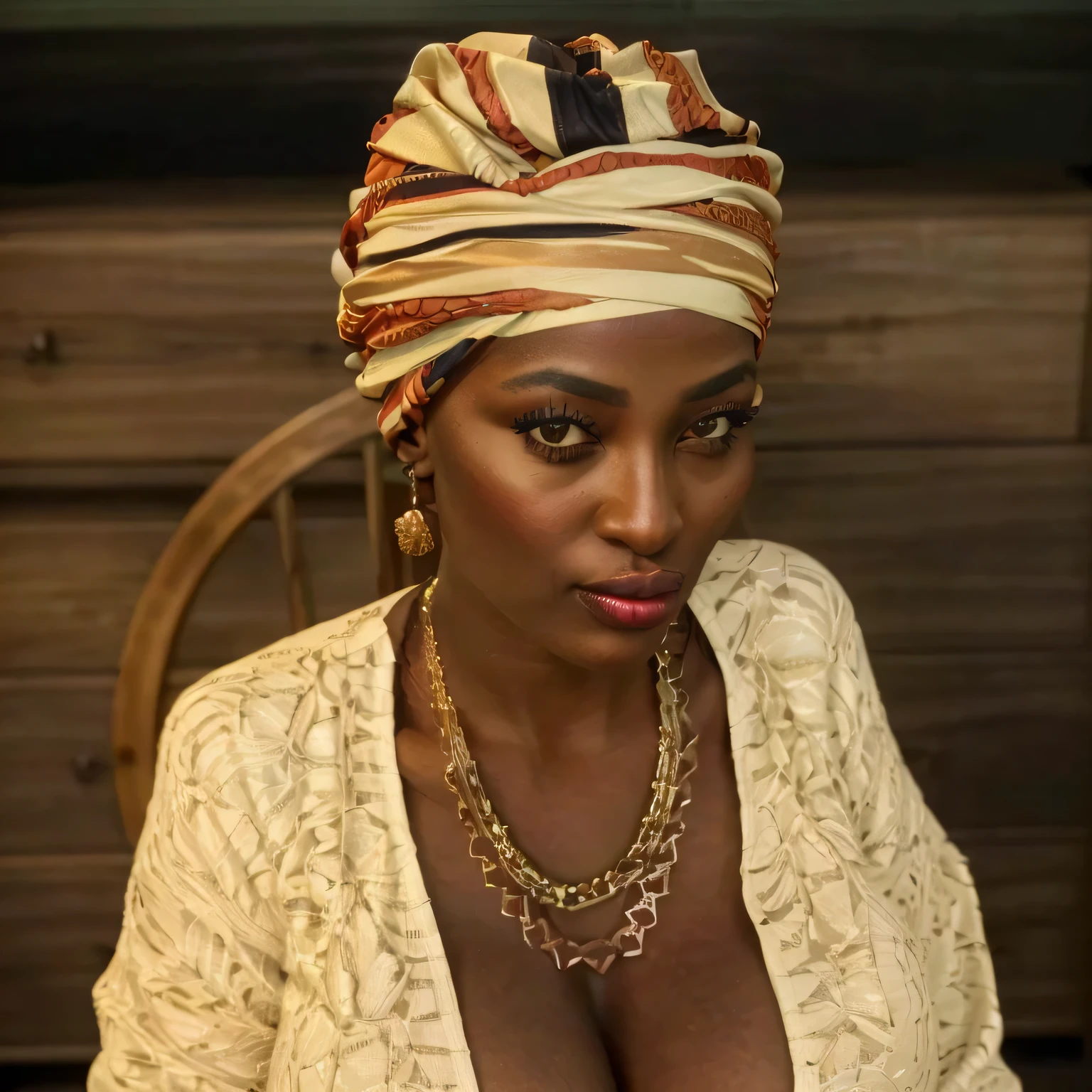 there is a woman with a turban and a necklace on, african queen, african woman, african american woman, black african princess, african sybil, african princess, dark skin female goddess of love, african, natural skin tone 4k textures, dark-skinned, ( ( dark skin ) ), stunning african princess, Mature women, 50 year old women, 5 0 yr old women, 8k, highres, best quality, high quality, high details, UHD, big full lips, big lips, large breasts, red lips, white blouse, withe shirt,
