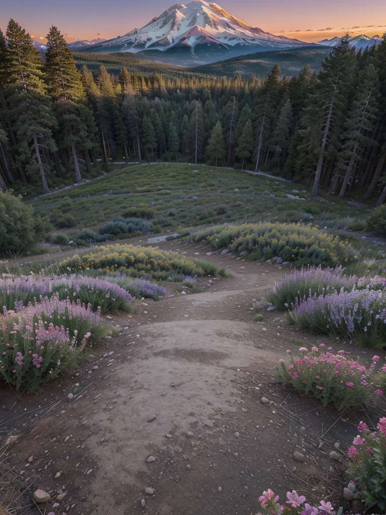 Mount Shasta at pink and violet dusk in late spring seen from above surrounded by forest and meadows of little flowers of different types, the landscape filled with  beauty and heavenly vibrations