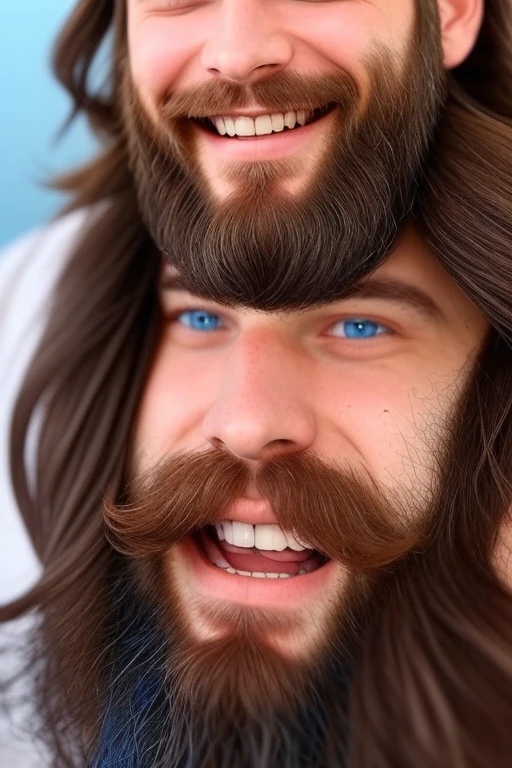 Perfect beautiful man blue eyes long hair beards smiles smiling 
