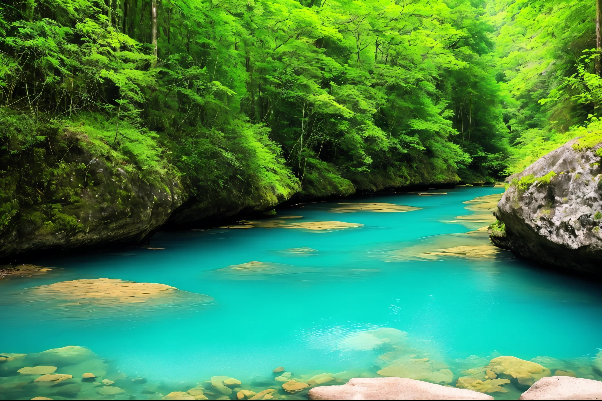  river with stunning water, peaceful and serene, blue and green water, beautiful place, very close to real nature, beautiful environment, green waters, mystical forest lagoon, magical environment, underground lake, beautiful nature, very very beautiful scenery, peaceful environment, very beautiful scenery