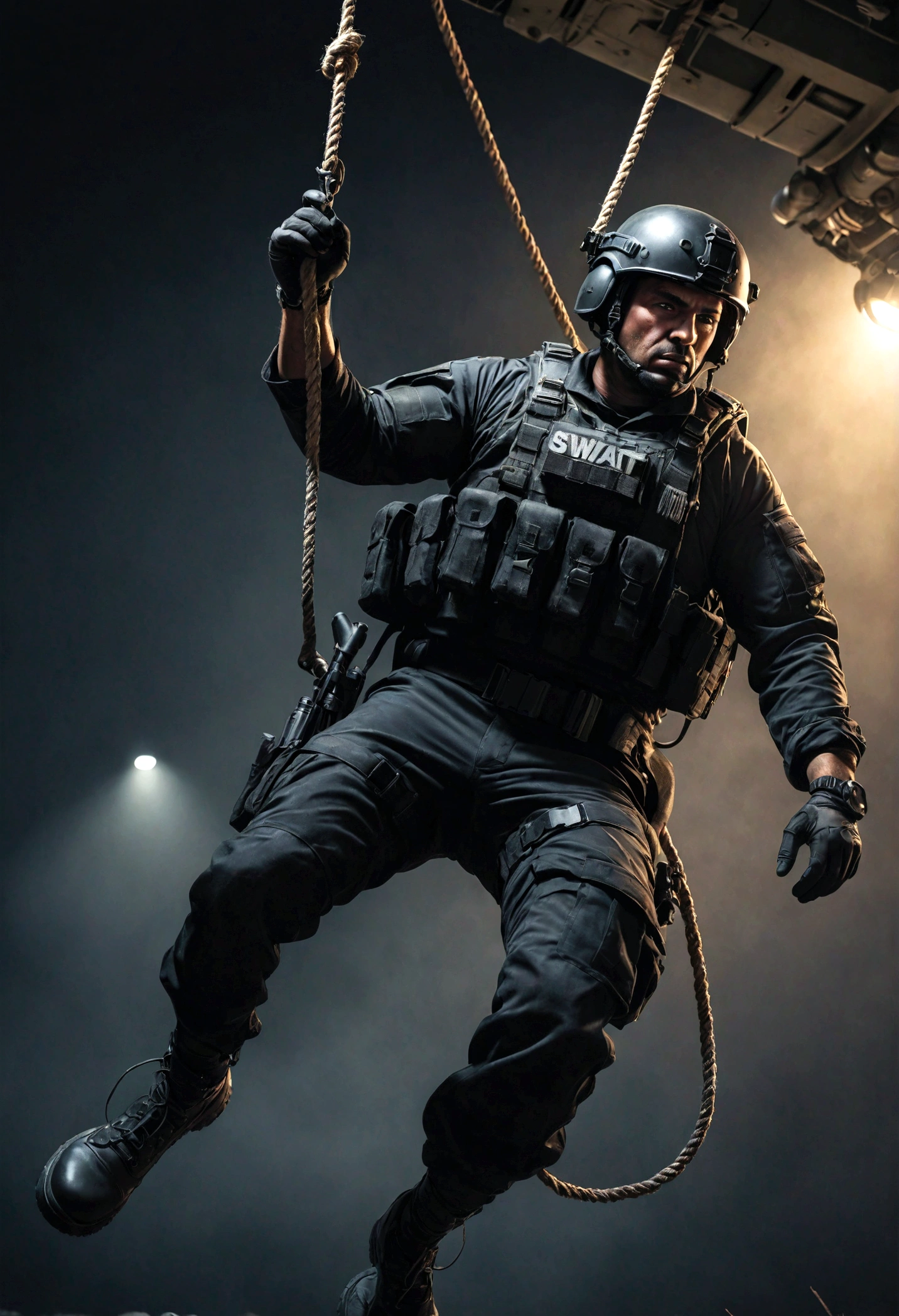 SWAT officer, hanging from a rope, helicopter, military, tactical gear, night mission, stealth operation, dramatic lighting, moody atmosphere, cinematic composition, high contrast, gritty realism, intense action, photorealistic, 8K, intricate details, HDR, physically-based rendering, masterpiece