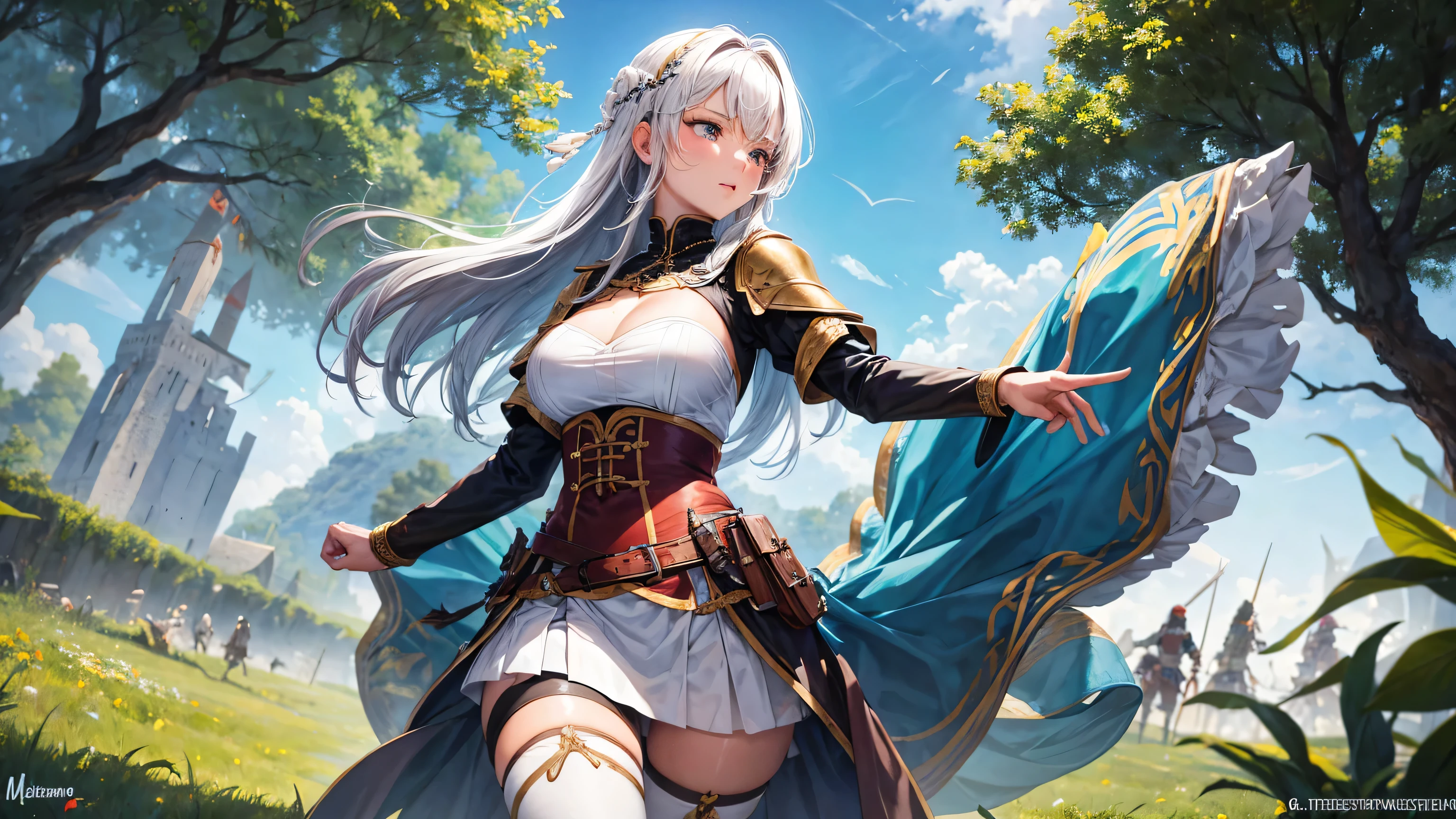 sexy Kleidung, beautiful warrior, lehnt an einen Torbogen aus Steinen, Mittelalterliche Umgebung, leichter Moosbewuchs an Mauersteinen, Sweat, Prellungen,
