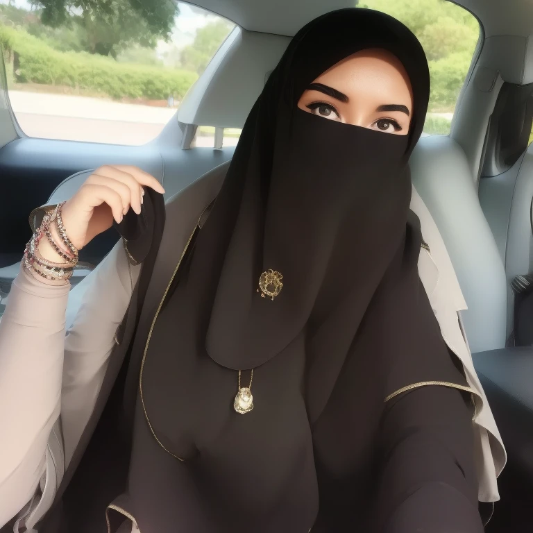 A beautiful high school glasses Arabian girl model, white skin, sharp nose, thin lips, circle face, wearing hijab, off shoulder, bangles bracelets, necklaces, swiss polo watch, tight white bra and cloak, black bag, curvy woman, black shoes with heels, sleeping with her mouth wide open, yawning, sleeping sitting on the car, brown hair, curvy woman, head resting on the seat, short hair shoulder length, eyelids outlined in black, nails painted black, detailed face