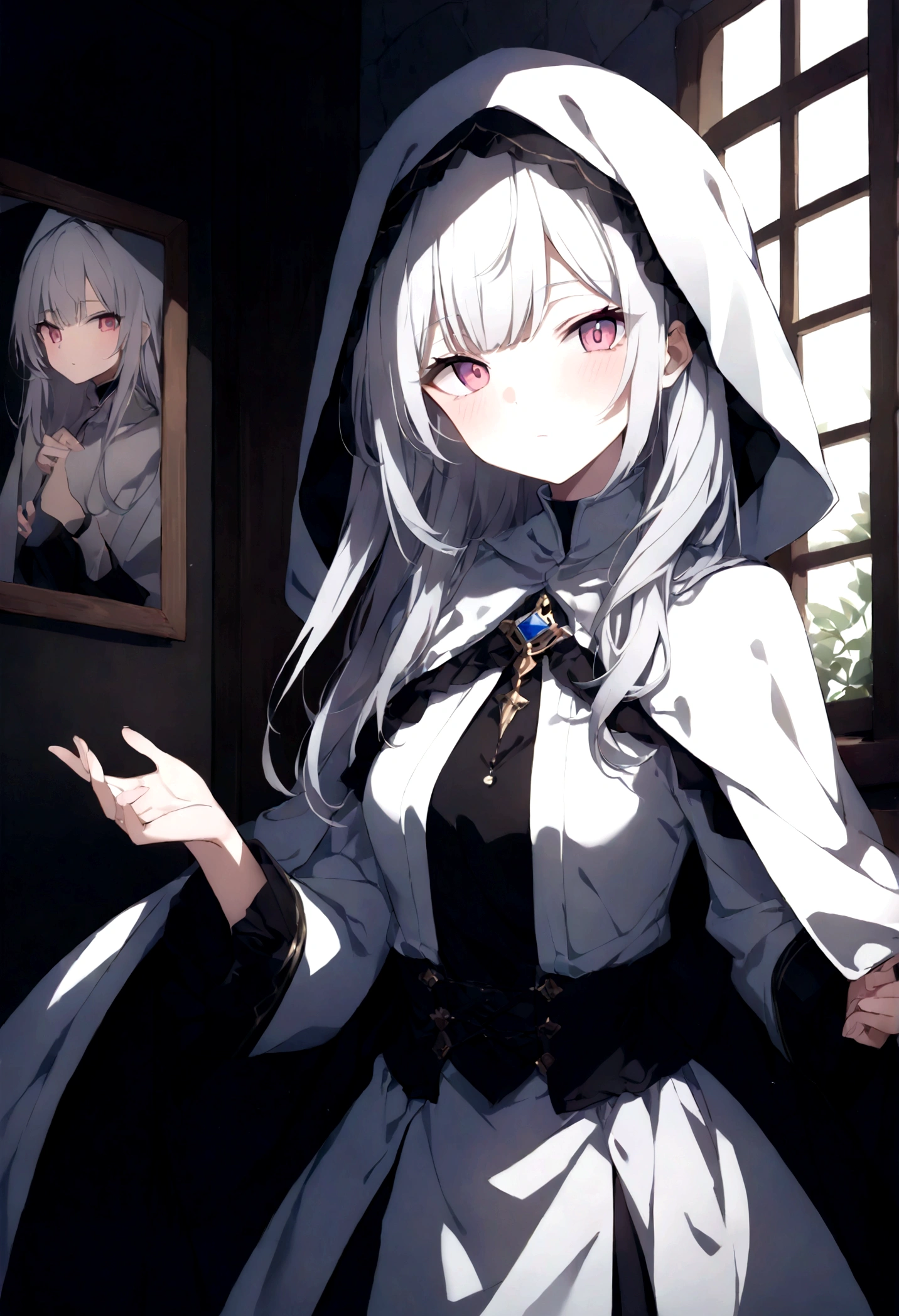 (masterpiece, 32k, 8k, maximum graphics, detailed image, vivid and detailed eyes) a priestess, white priestess overcoat, ((pink eyes, white hair with bangs)), sweet expression on her face, magic hood covers her head , (photo concentrated on the face, character looking at the viewer, interior background of the monastery)