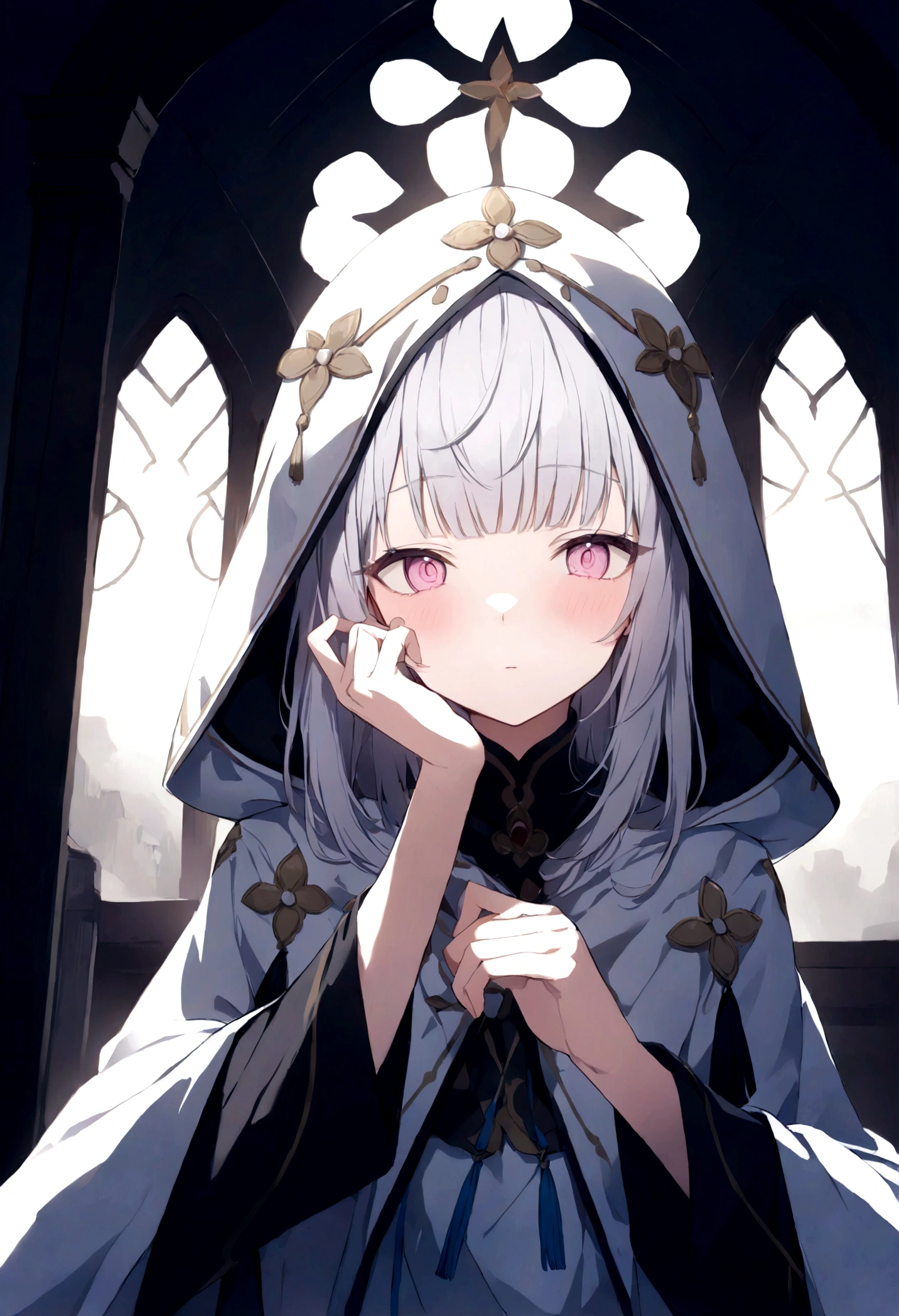 (masterpiece, 32k, 8k, maximum graphics, detailed image, vivid and detailed eyes) a priestess, white priestess overcoat, ((pink eyes, white hair with bangs)), sweet expression on her face, magic hood covers her head , (photo concentrated on the face, character looking at the viewer, interior background of the monastery)