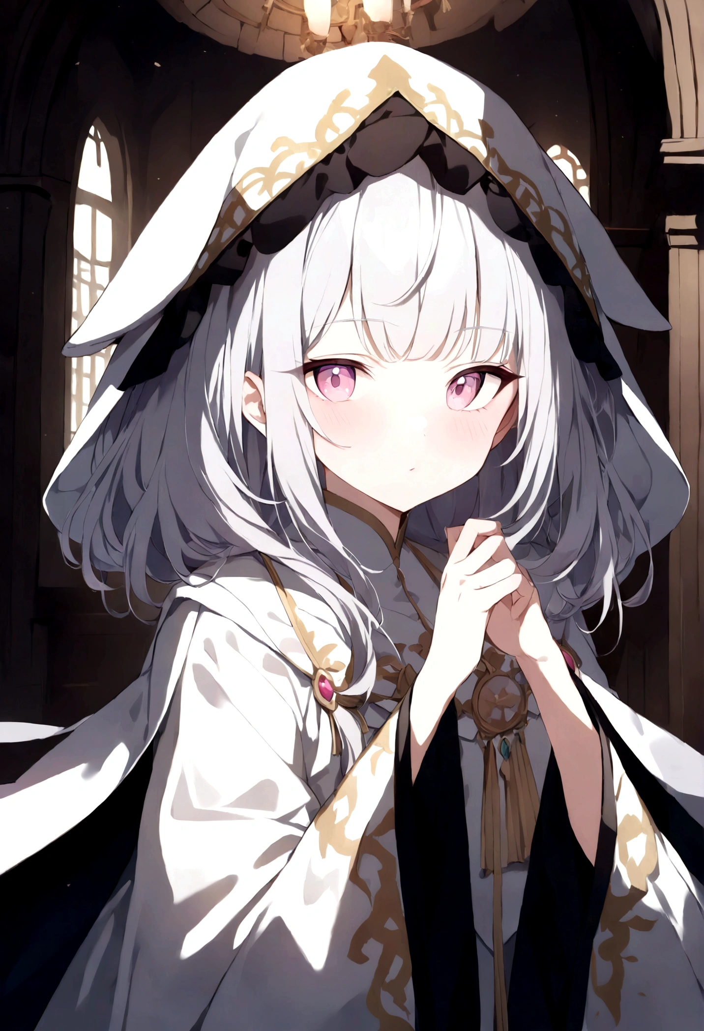 (masterpiece, 32k, 8k, maximum graphics, detailed image, vivid and detailed eyes) a priestess, white priestess overcoat, ((pink eyes, white hair with bangs)), sweet expression on her face, magic hood covers her head , (photo concentrated on the face, character looking at the viewer, interior background of the monastery)