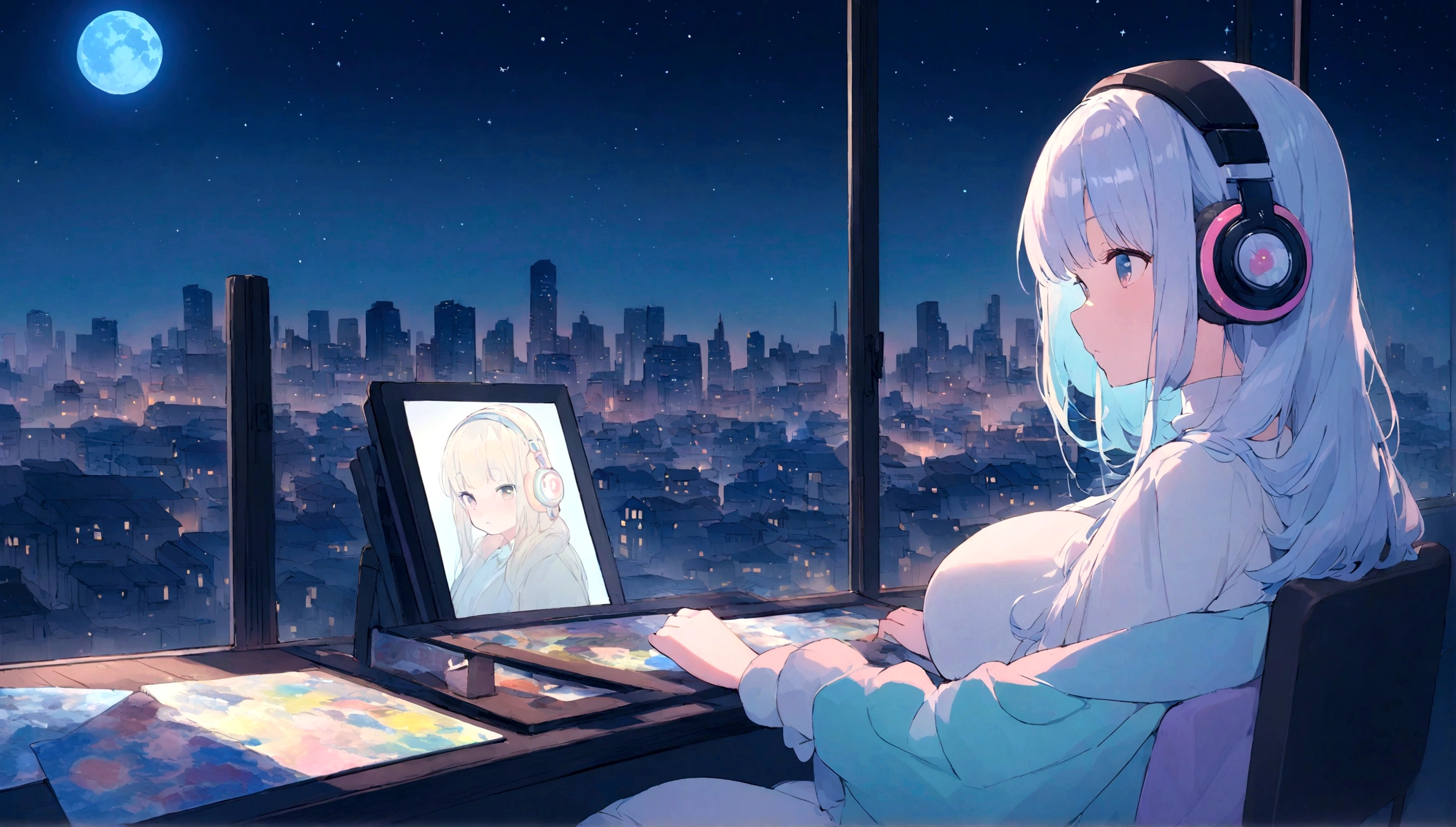 portrait、512、lofi、Girl with headphones sitting in a chair studying、City view outside the window、night、Pastel colors、Painting, lots of stars and moon, big breast