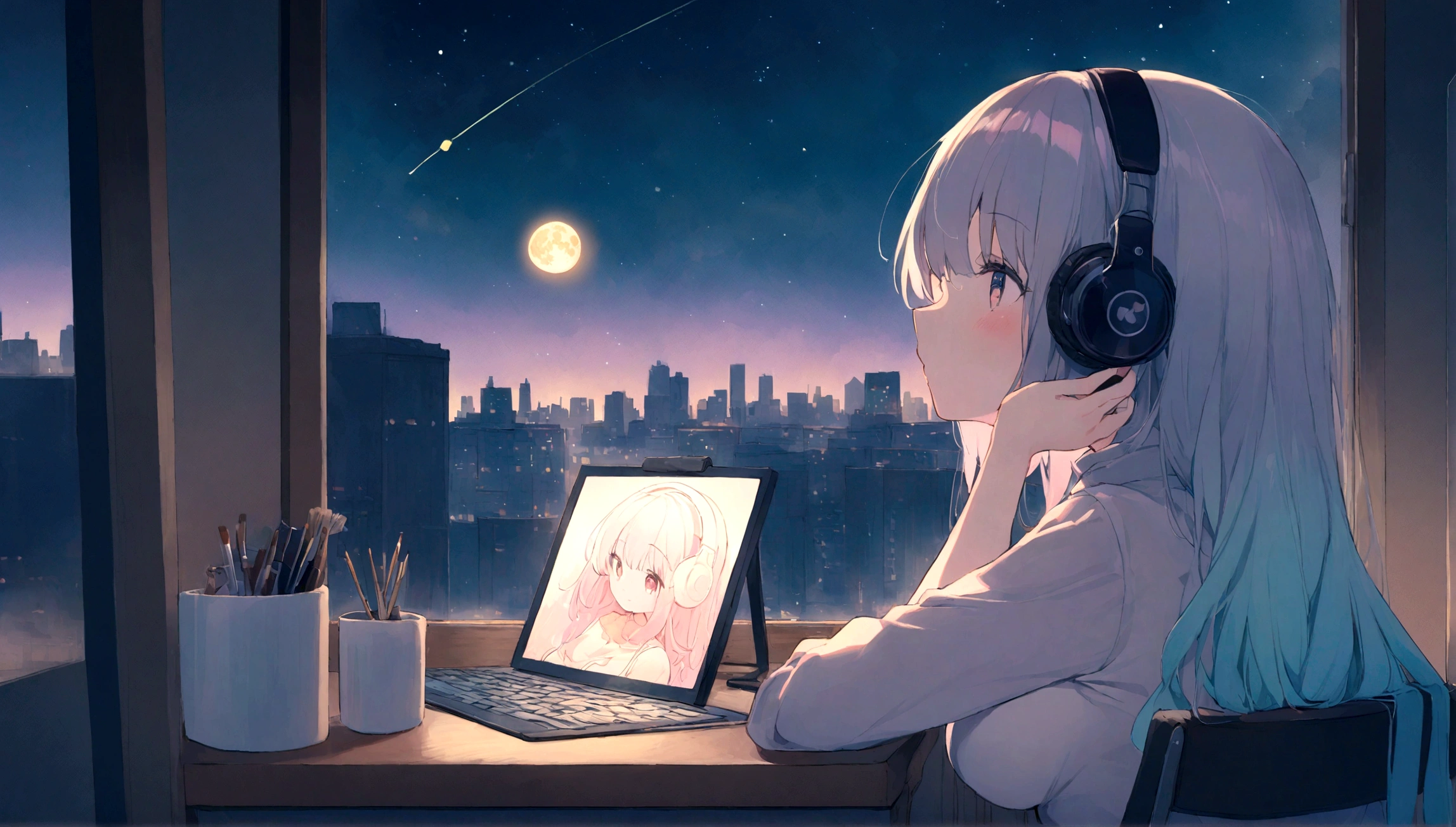 portrait、512、lofi、Girl with headphones sitting in a chair studying、City view outside the window、night、Pastel colors、Painting, lots of stars and moon, big breast