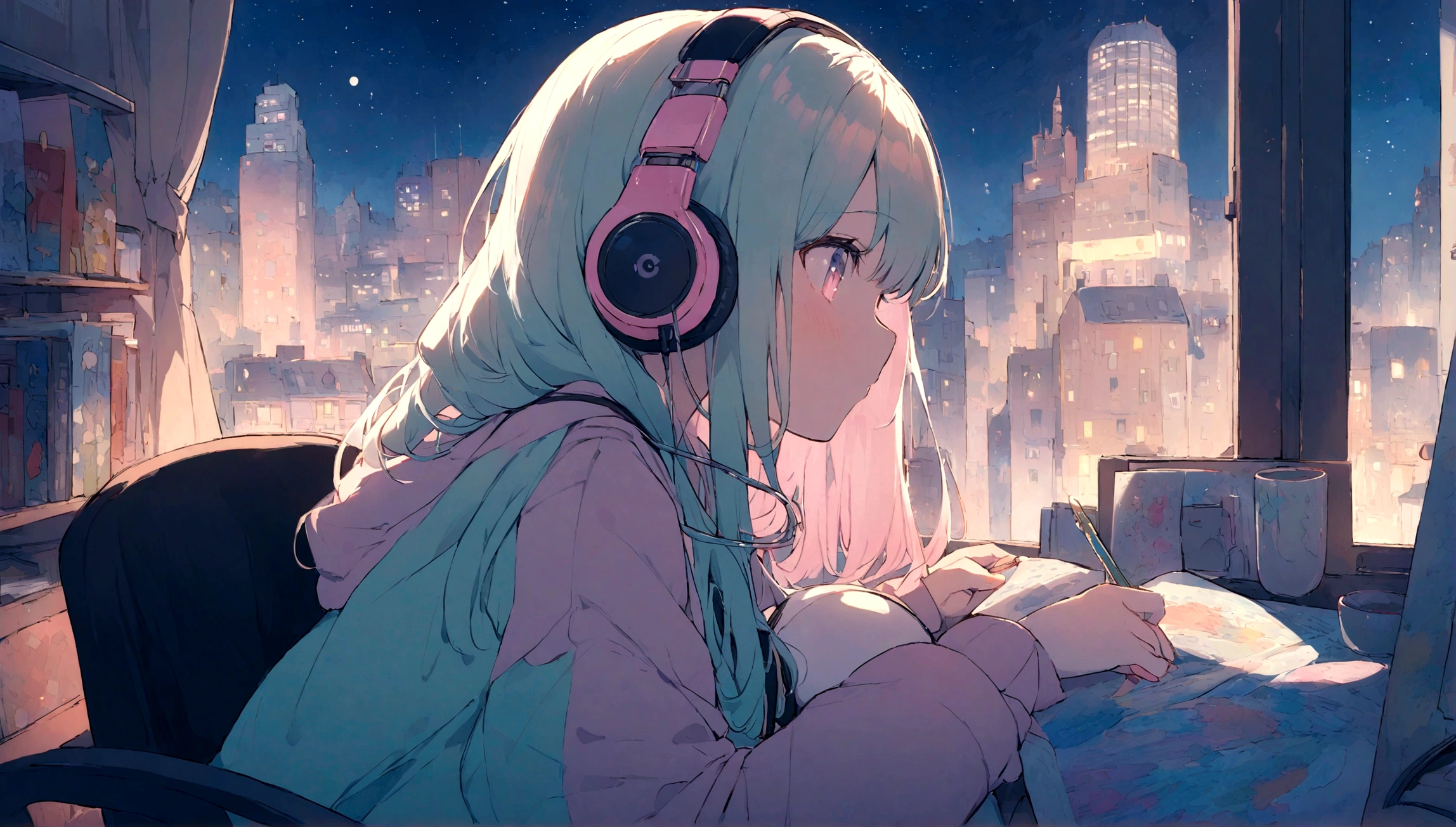 portrait、512、lofi、Girl with headphones sitting in a chair studying、City view outside the window、night、Pastel colors、Painting, lots of stars and moon, big breast
