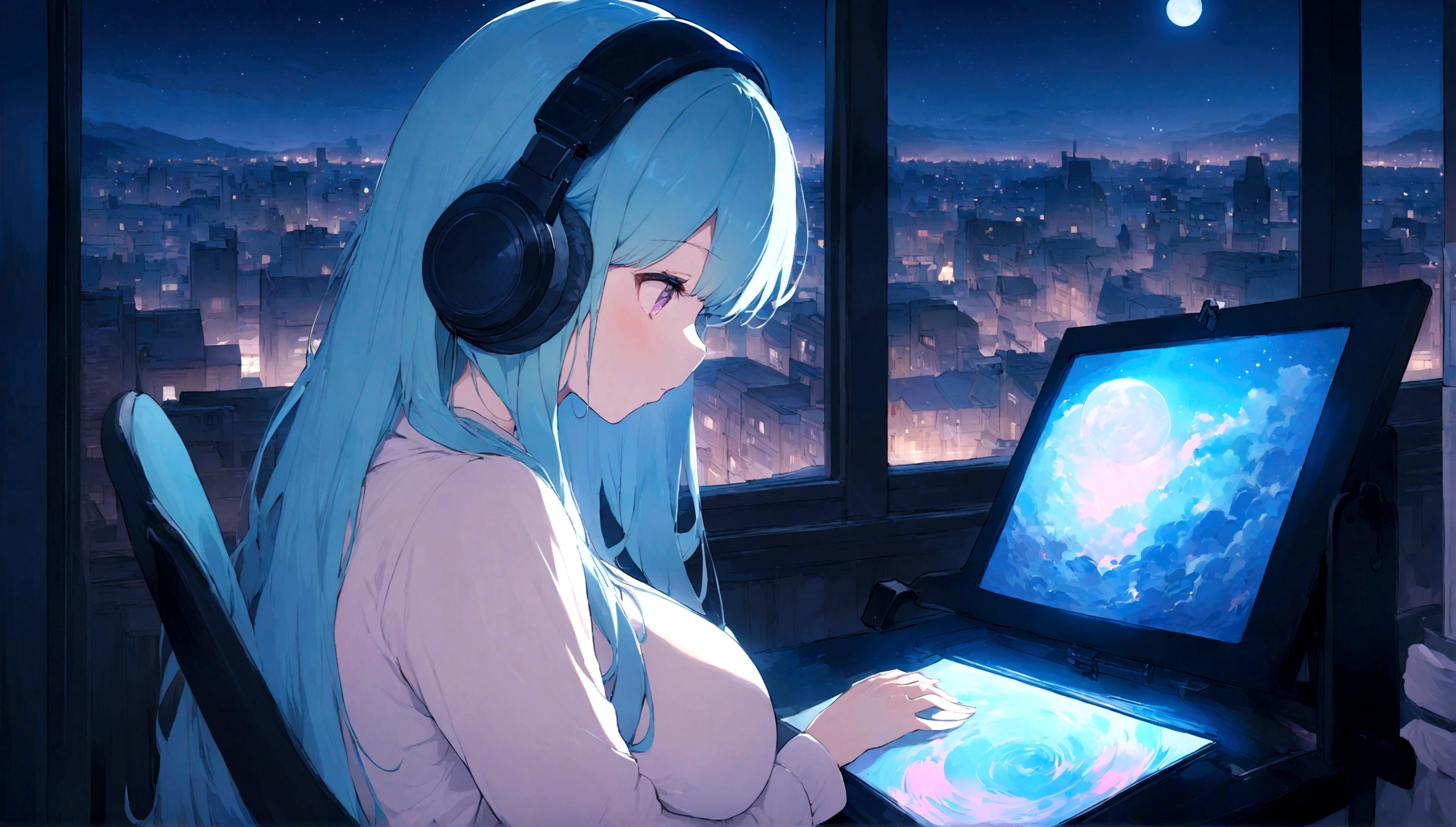 portrait、512、lofi、Girl with headphones sitting in a chair studying、City view outside the window、night、Pastel colors、Painting, lots of stars and moon, super big breast