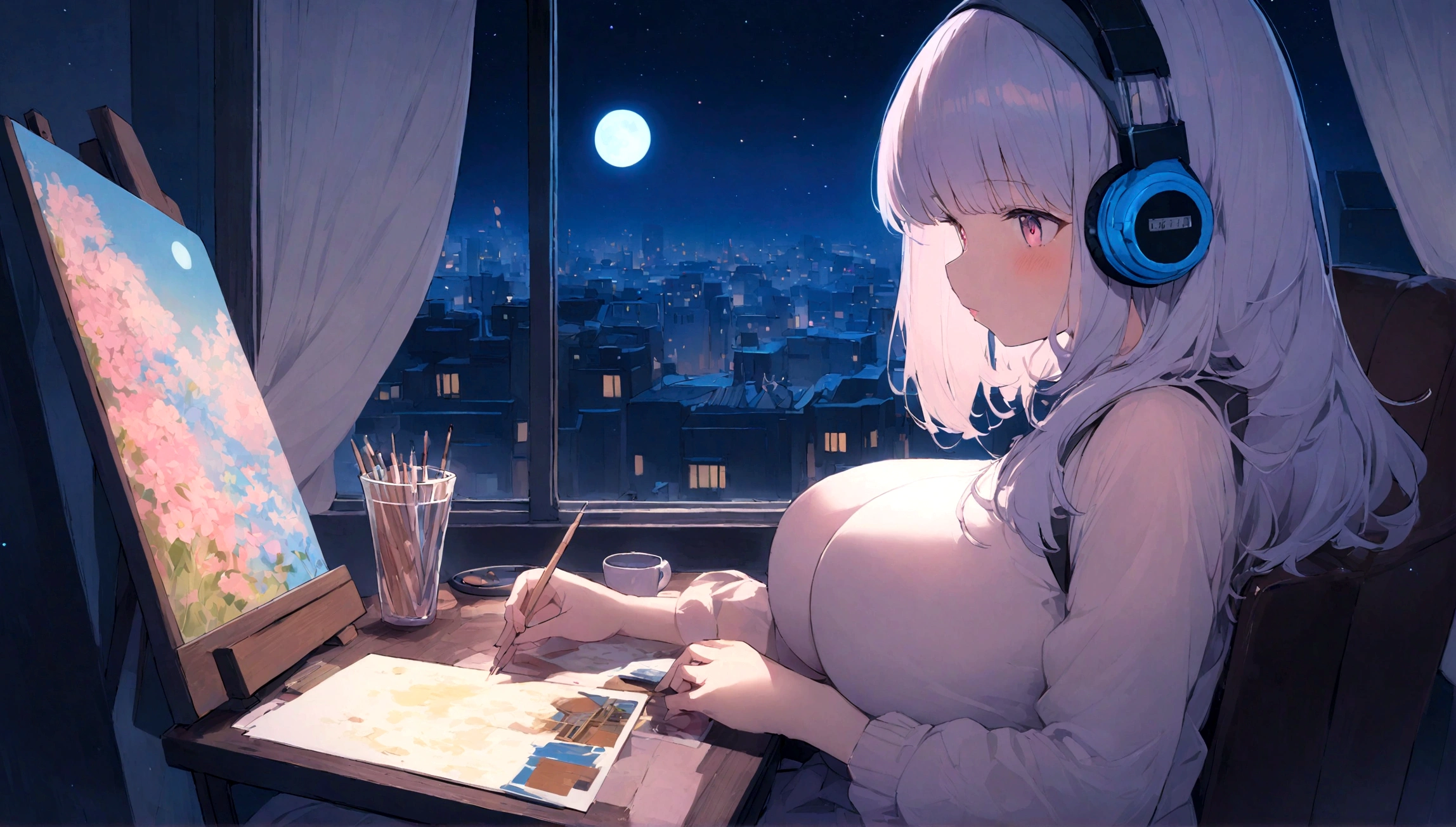 portrait、512、lofi、Girl with headphones sitting in a chair studying、City view outside the window、night、Pastel colors、Painting, lots of stars and moon, super big breast