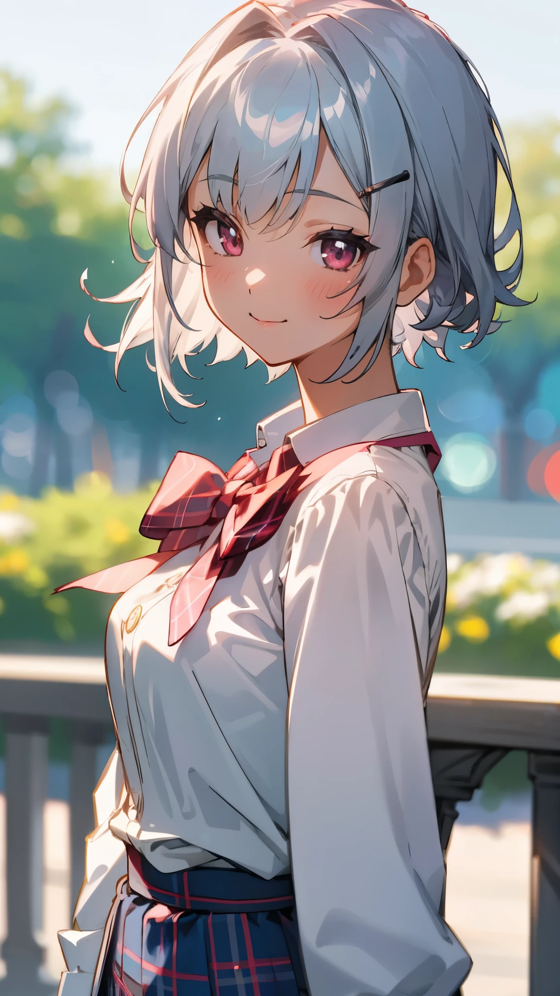 1 girl、8k、Sharp focus、(Bokeh) (highest quality) (Detailed skin:1.3) (Intricate details) (anime)、Silver short hair and bob hair、Hair tied up with a hair clip..、Pink Eyes、white blouse shirt、Tartan Check Skirt、smile、From the side、Upper body close-up、Sharp contours、Morning Cafe Terrace、背景のBokeh、Written boundary depth