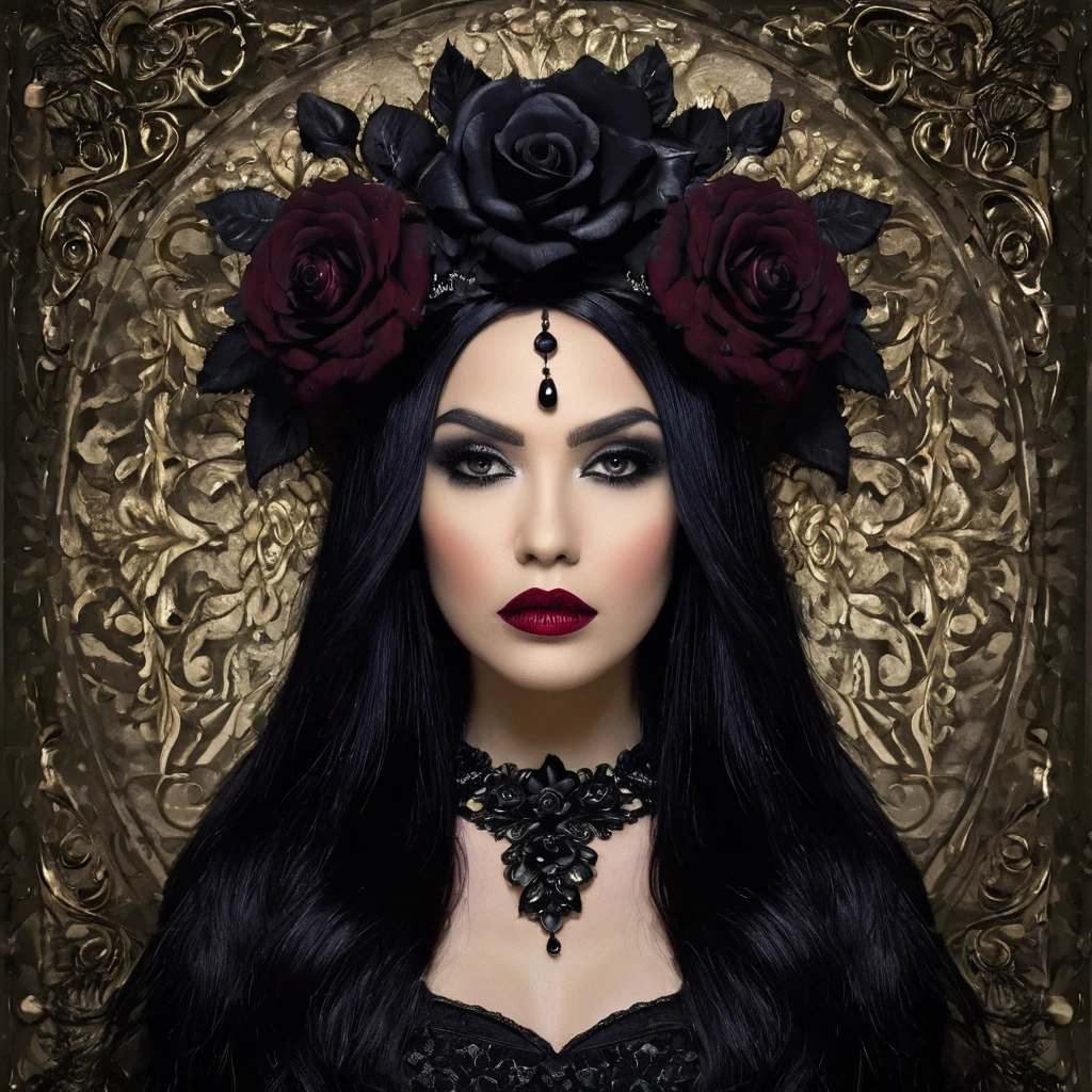 a gothic portrait of woman with black hair and crown flowers on her head, black flower, flower, black hair, black rose, portrait, rose, black eyes, hair flower, hair ornament, lipstick, long hair, makeup, higher quality,