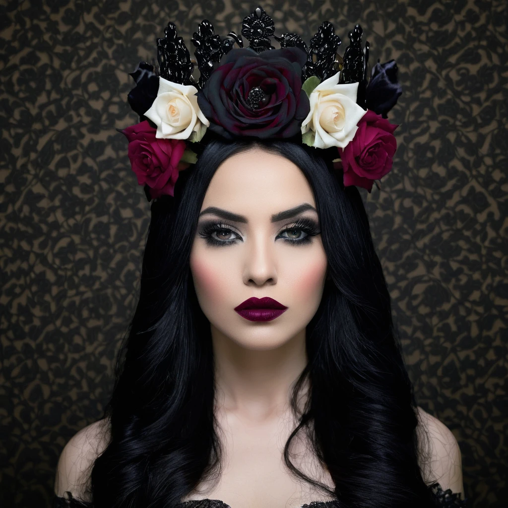 a gothic portrait of woman with black hair and crown flowers on her head, black flower, flower, black hair, black rose, portrait, rose, black eyes, hair flower, hair ornament, lipstick, long hair, makeup, higher quality,