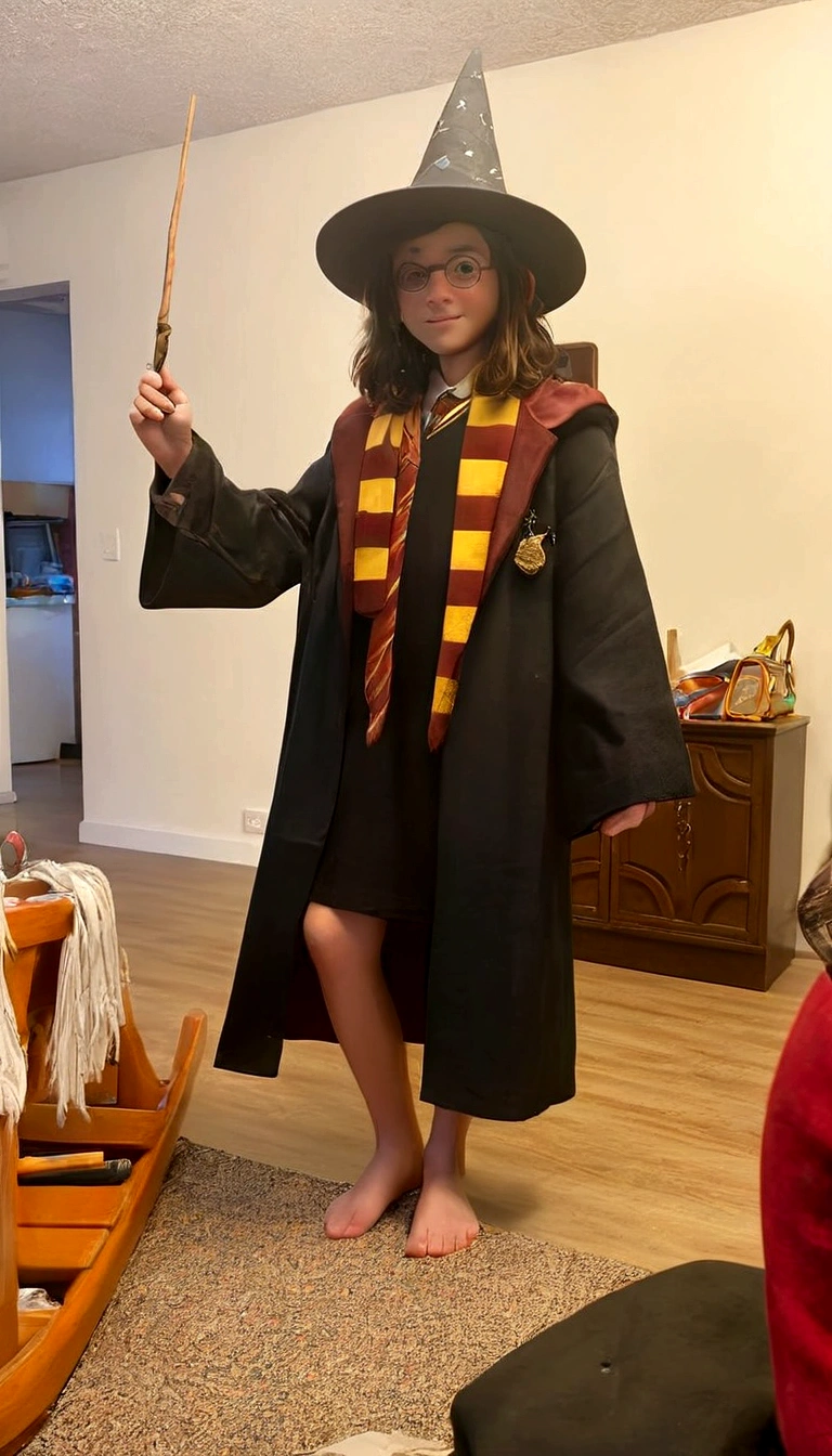 a magic student, holds a magic wand in his hand at a school