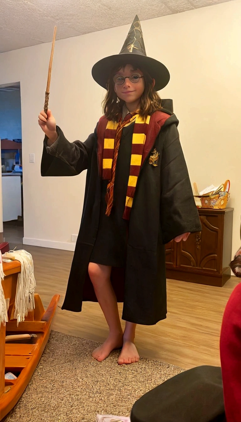 a magic student, holds a magic wand in his hand at a school 