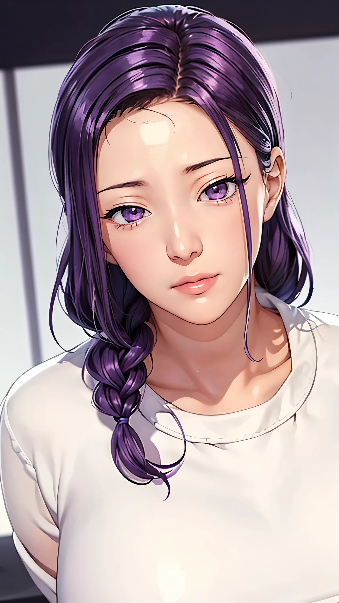 （（（完美figure，figure，solo， （（（White kimono,long sleeves, wide sleeves, ））），（（（purple hair, long hair, hair pulled back,parted lips,purple eyes, Single braid,））），((masterpiece)),high resolution, ((Best quality at best))，masterpiece，quality，Best quality，（（（ Exquisite facial features，Looking at the audience,There is light in the eyes，(（（lol，Happy，））），））），（（（Light and shadow，Huge breasts））），（（（Looking at the camera，White background，Sitting astride,Open your legs,)））