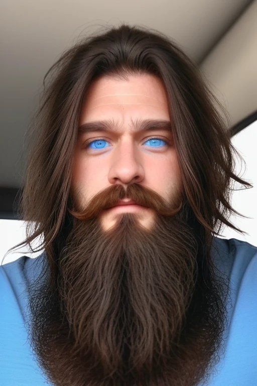 Perfect beautiful man blue eyes long hair beard