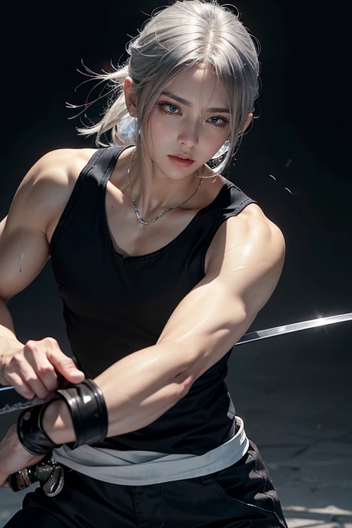 high quality, High detail, beautiful, beautiful face, White skin, Sleepy eyes, Iris, Calm face, Black eye patch on left eye, Medium length silver hair, slim, An athletic body, Black shirt with cut off sleeves、Black pants, Three swords at his waist, Holding a sword, Attack Position , Bloody background, Izumi Nishi from Chainsaw Man
