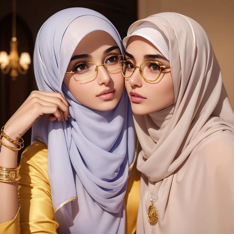 A beautiful high school glasses Arabian 17 years old girl model, white skin, sharp nose, thin lips, circle face, tight bra, wearing hijab, golden indian bangle and bracelet, golden necklace, golden swiss polo watch, kissing a man, squinting eyes, detailed horny face