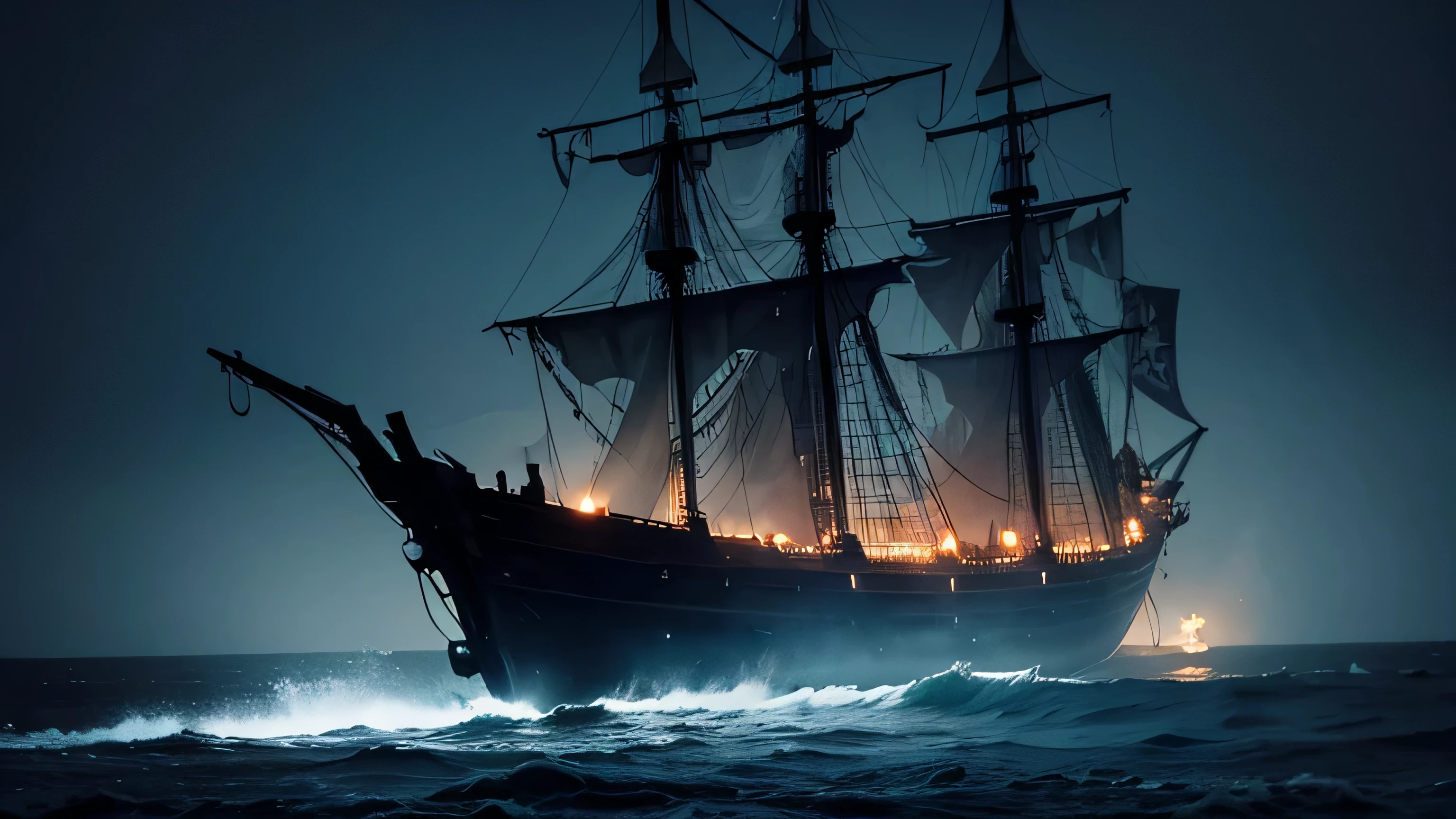 A haunted, decaying pirate ship in the vast sea at night.