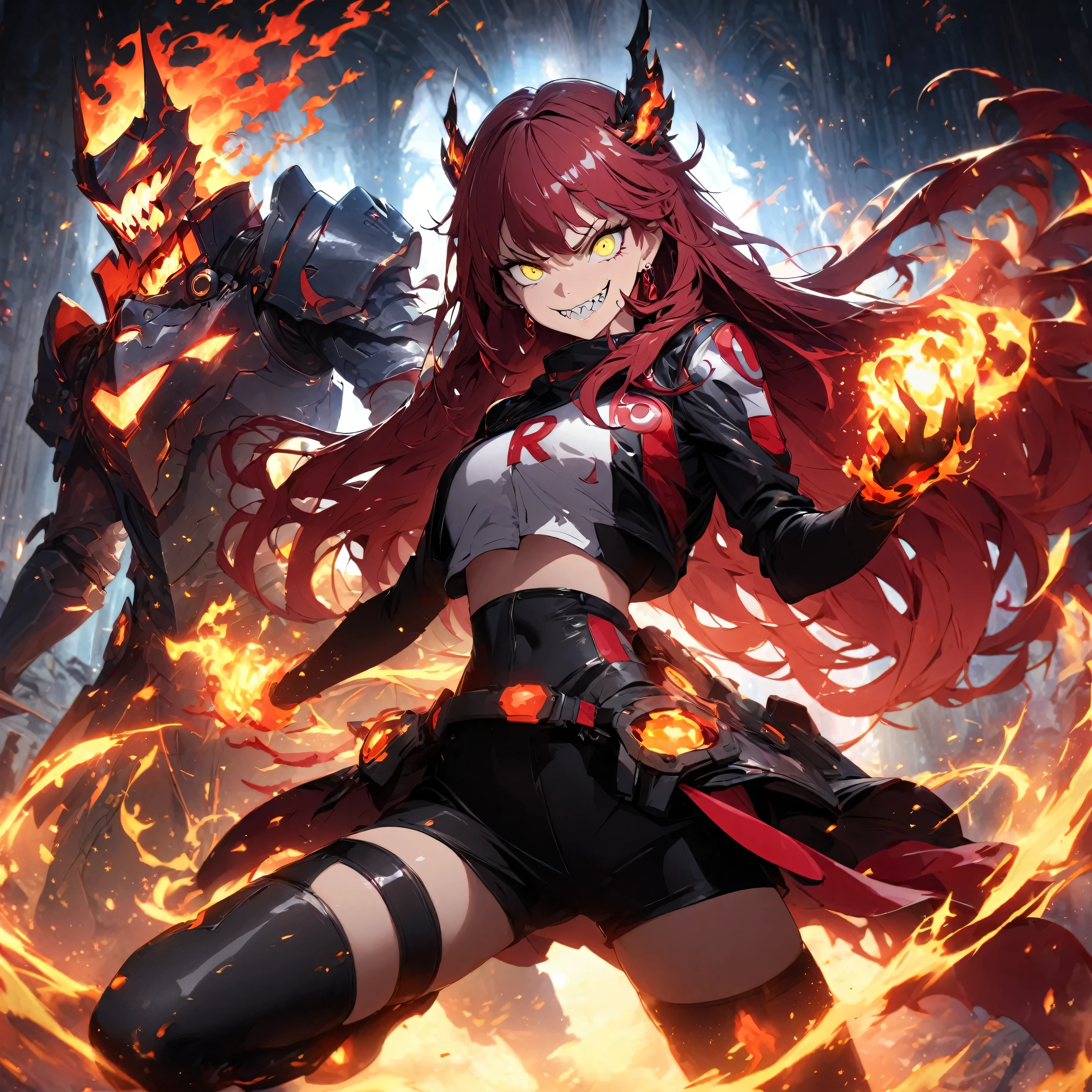 a fierce girl with long, flowing hair, wearing a futuristic, battle-ready outfit with glowing elements. She has an evil grin on her face, characterized by narrowed or gleaming eyes, a wide sinister grin, and sharp teeth. She is confidently controlling a knight made of fire, which stands protectively behind her. The girl should be in a dynamic pose, one hand raised with flames swirling around it and the other hand on her hip, exuding power and control. Her stance is strong and grounded, with one leg slightly bent. The background is dark and dramatic, with hints of fire and sparks illuminating their figures. The fire knight should have a menacing aura, with fiery armor and a stance that complements the girl's dominance , red hair, yellow eyes ,earrings, glossy lips ,team rocket uniform, crop top,black thigh-high boots, black elbow gloves, evil smile, detailed gorgeous face| anime style| key visual| intricate detail| highly detailed| breathtaking| vibrant| panoramic| cinematic| Carne Griffiths| Conrad Roset| gibbli 8k