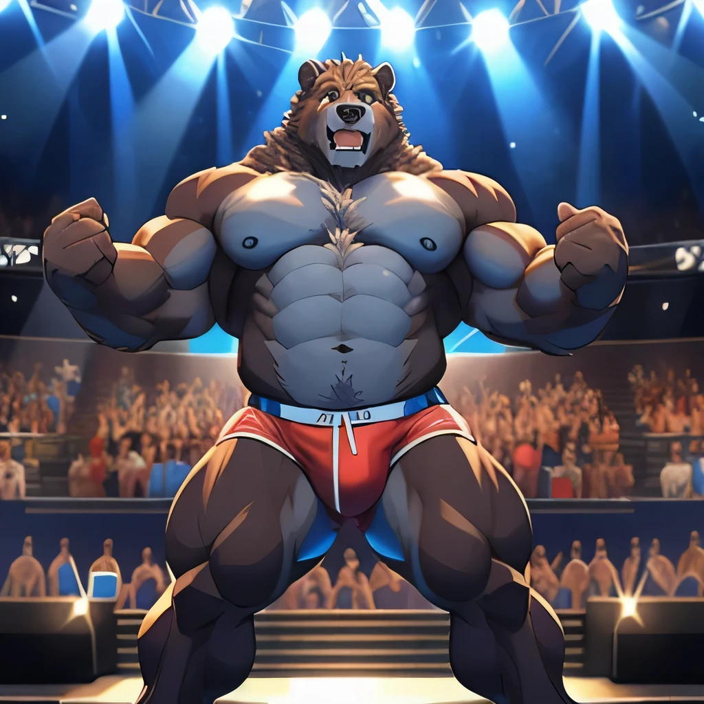 a huge muscular grizzly bear,speedo bodybuilding competition,posing on stage,bodybuilding,extremely detailed, photorealistic, 8k, award winning, cinematic lighting, dramatic pose, powerful muscles, rippling fur, intense expression, speedo swim trunks, stage, audience, judges, dramatic background