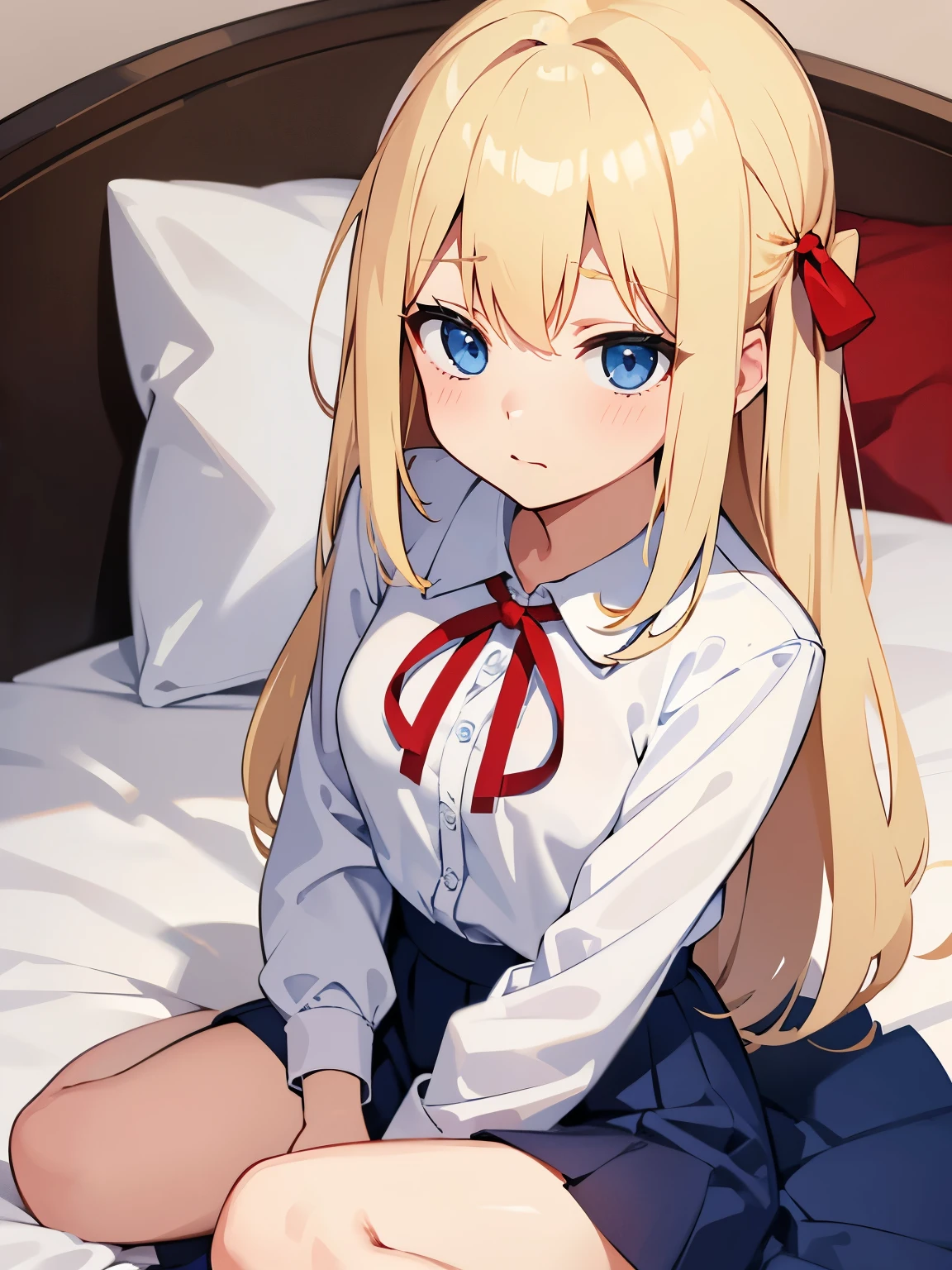 Blonde、Blue Eyes、((Shy expression))、White dress shirt、Red ribbon on the neck、Navy Skirt、Bed in the background