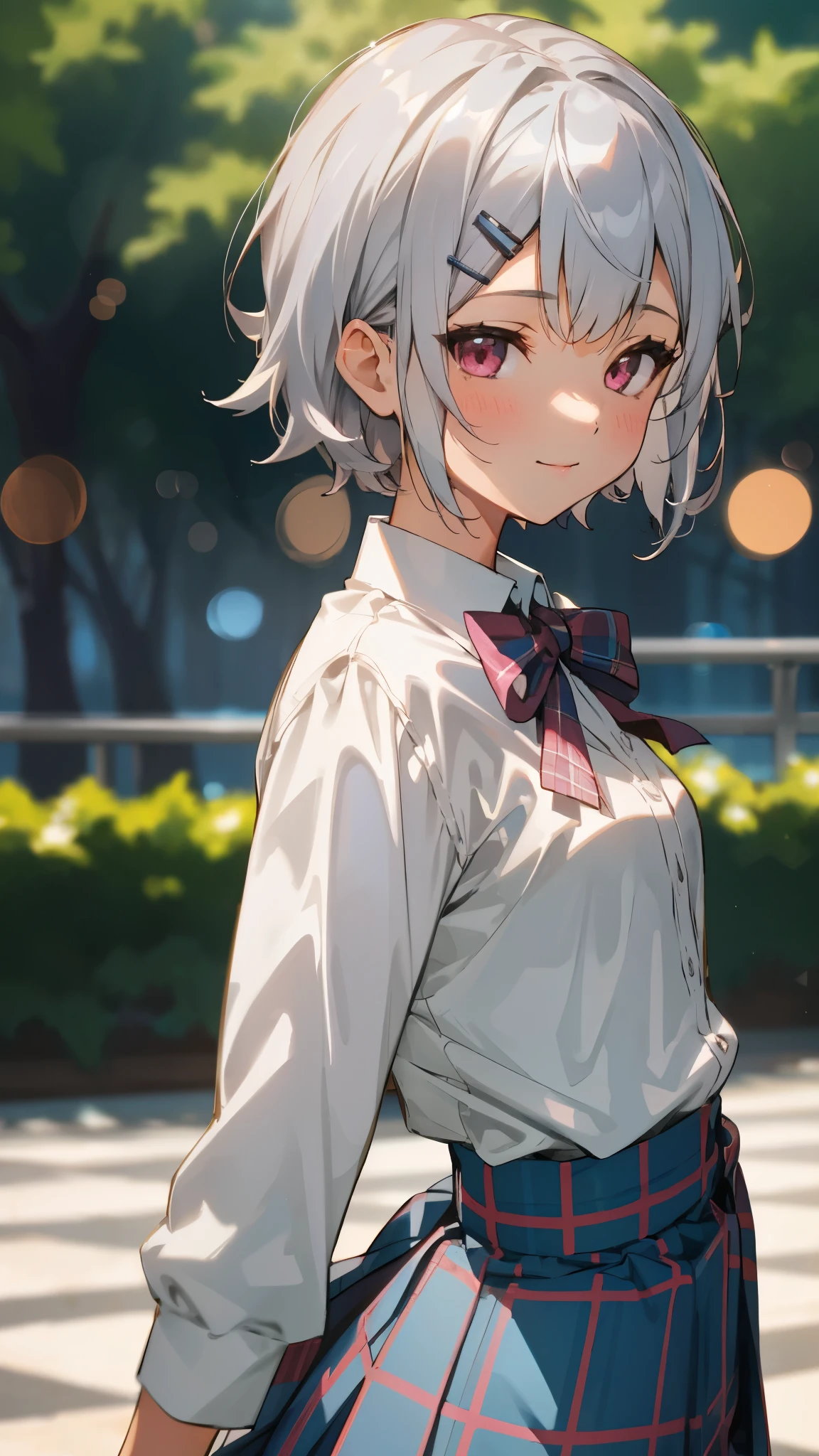1 girl、8k、Sharp focus、(Bokeh) (highest quality) (Detailed skin:1.3) (Intricate details) (anime)、Silver short hair and bob hair、Hair tied up with a hair clip..、Pink Eyes、white blouse shirt、Tartan Check Skirt、smile、From the side、Upper body close-up、Sharp contours、Morning Cafe Terrace、背景のBokeh、Written boundary depth