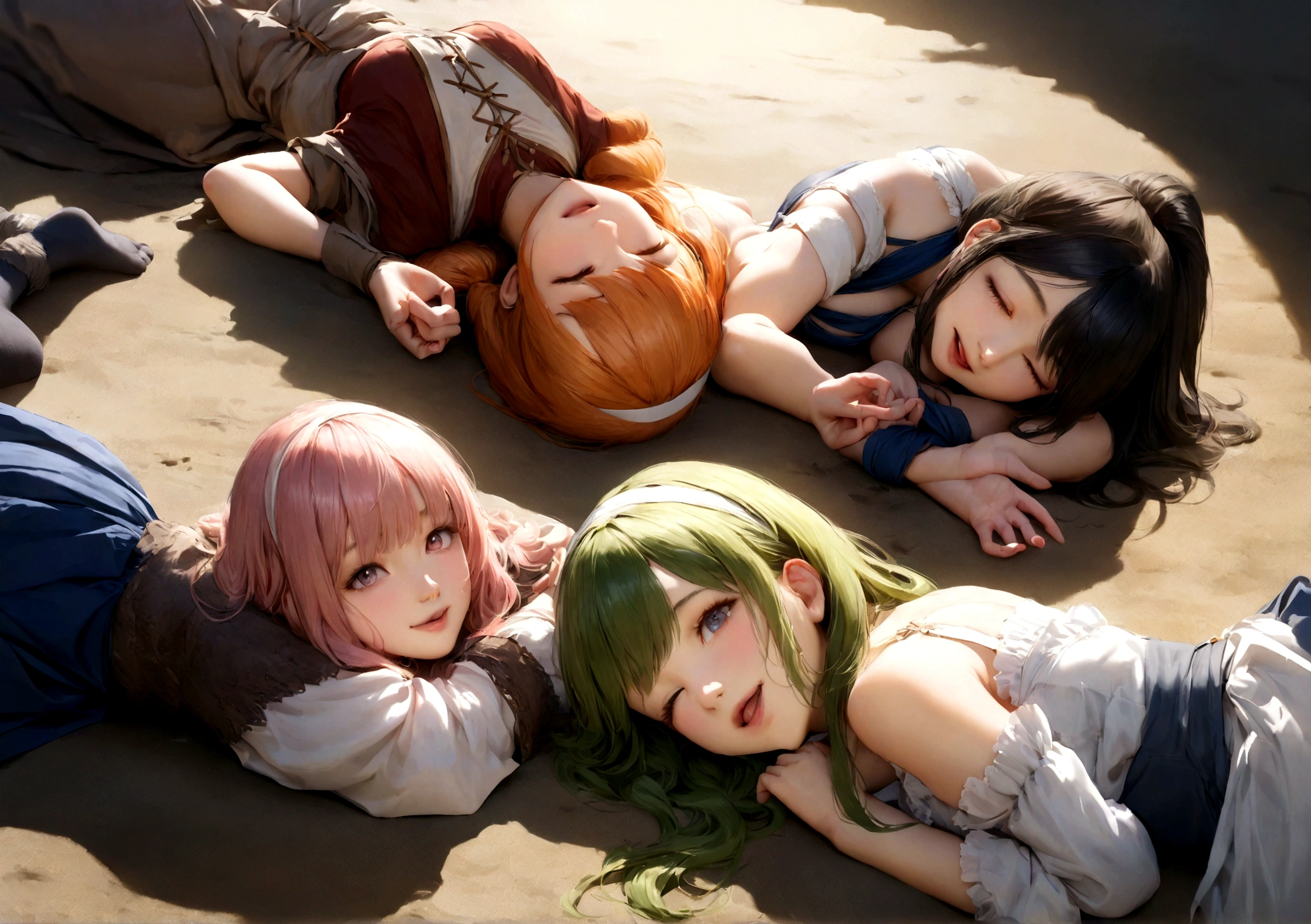 anime, chibe, (((Top quality, 4k, 8k, high resolution, masterpiece: 1.2))), (super detailed), (realistic), (photorealistic), (photorealistic: 1.37), (HDR, UHD), (studio (lighting)), ultra-fine drawing, sharp focus, physically based rendering, highly detailed, professional, vibrant colors, perfect ditaile hand, highly detailed realistic eyes, anime, cartoon, many girls in skirts and dresses lying in a circle, 5girls, multiple girls, Close-up of a group of girls lying in a field, Medieval European clothing, Medieval European citizen clothing, lying, Prone, brown hair, ribbon, brown eyes, Mini skirt,thighhighs, smile, sit, long hair, black hair, blue eyes, Long skirt, socks, smile, open mouth, lying, on back, Medium long hair, green hair, hair ornaments,red eyes, Pants, socks, smile, lying, on back, short hair, orange hair, hairband, white hairband, blue eyes, long skirt, socks, smile, open mouth, lying, on back, Twin tail hairstyle, pink hair, sleeping, Eyes Closed, skirt, socks, looking at viewer,