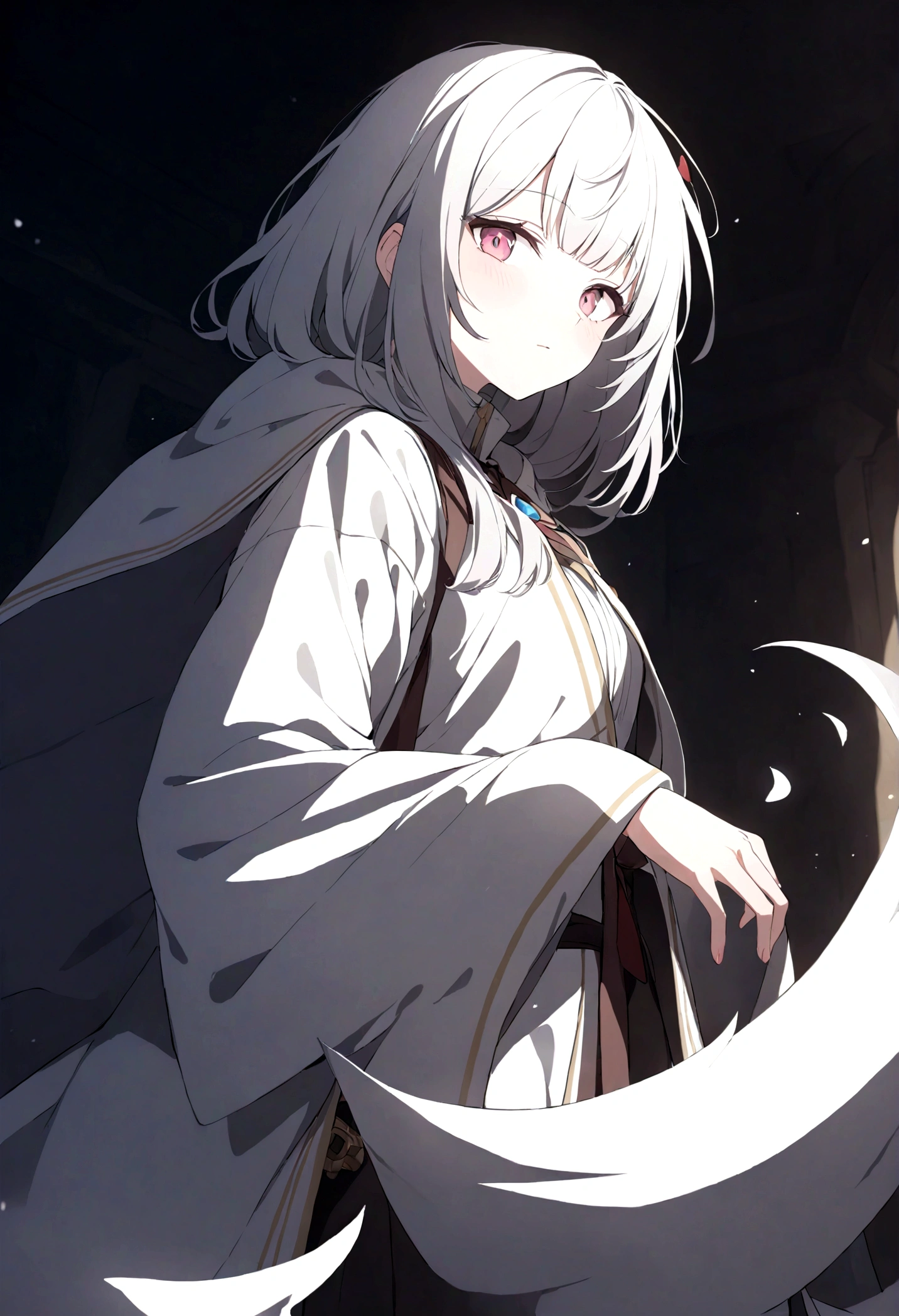 (masterpiece, 32k, 8k, maximum graphics, detailed image, vivid and detailed eyes) a priestess, white priestess overcoat, ((pink eyes, white hair with bangs)), sweet expression on her face, magic hood covers her head , (photo concentrated on the face, character looking at the viewer, interior background of the monastery), powerful magical aura exuding from the character