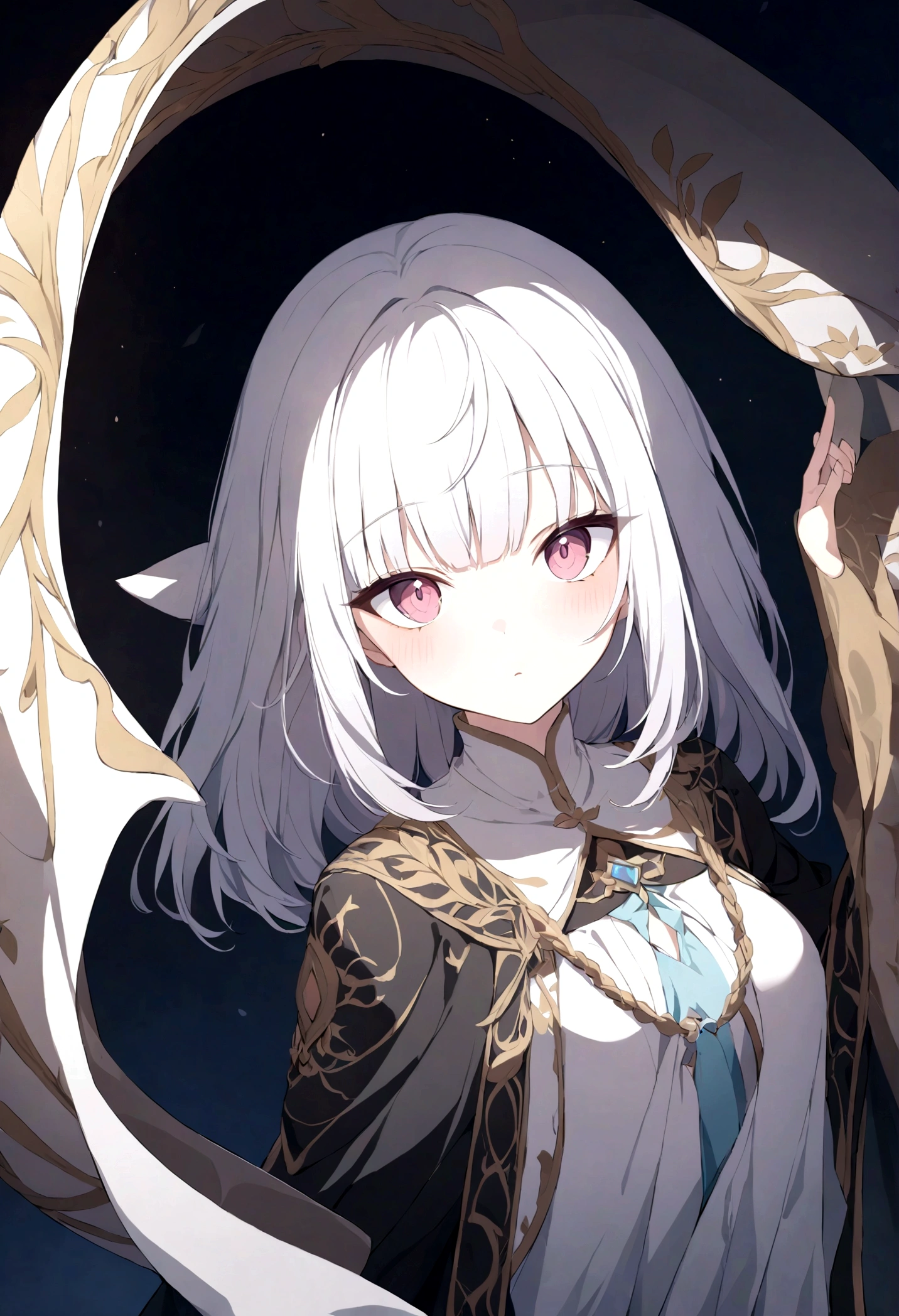 (masterpiece, 32k, 8k, maximum graphics, detailed image, vivid and detailed eyes) a priestess, white priestess overcoat, ((pink eyes, white hair with bangs)), sweet expression on her face, magic hood covers her head , (photo concentrated on the face, character looking at the viewer, interior background of the monastery), powerful magical aura exuding from the character