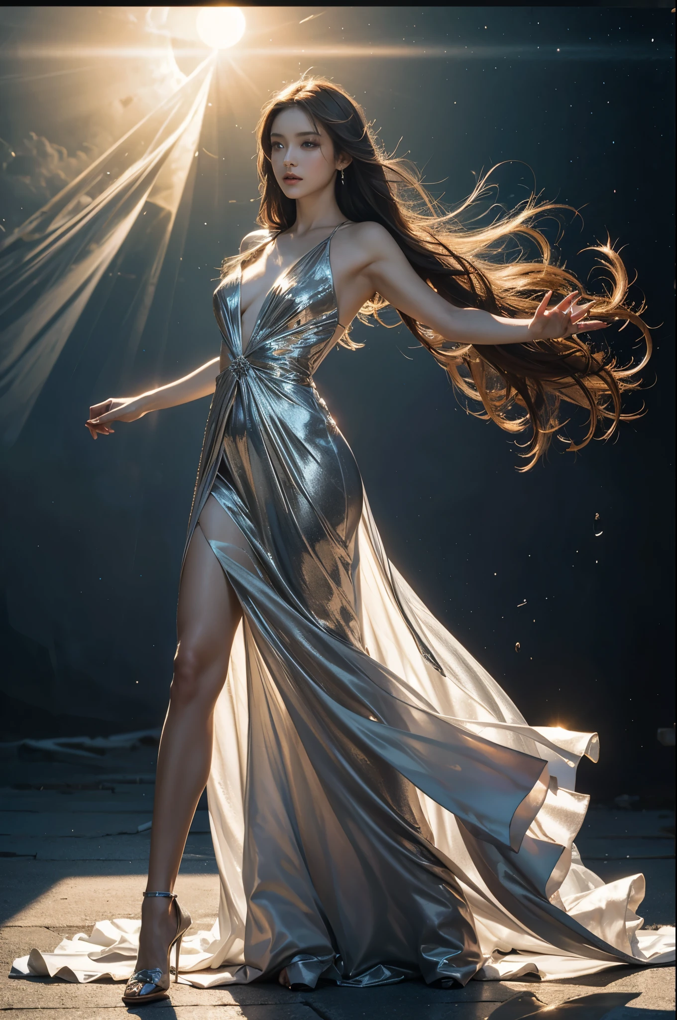 /I Liquid art, A beautiful woman using a gown in a dynamic pose against the background of a solar eclipse using an airbrush, reflective transparent and metallic finish --ar 9:16 --s 800