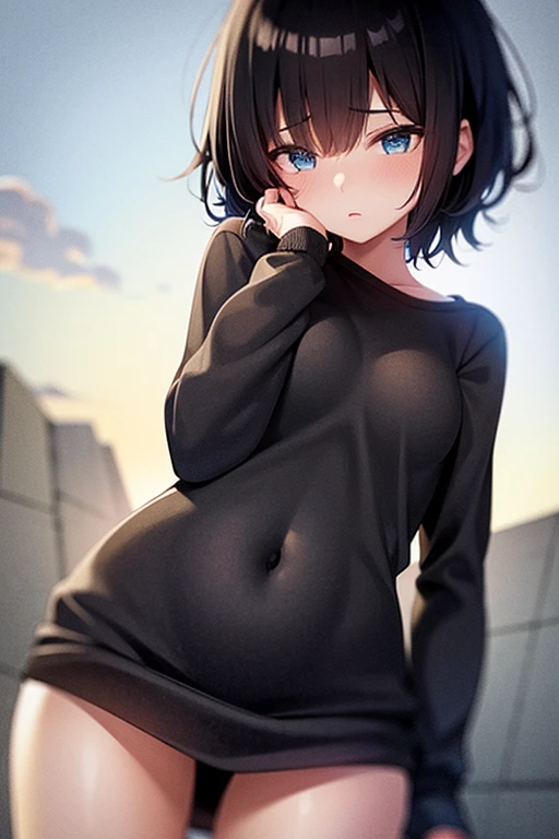 Anime girl, short black hair covering the left side of her face, blue eyes, shy looking