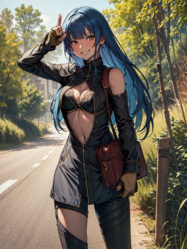 (Masterpiece, Best Picture, High Resolution), A sassy-looking girl is hitchhiking along an unpopular country road. She stands by the side of the road with her bag and luggage. She exudes sexuality. ((She is dressed in an open top revealing a sexy bra)), The background is a desolate rural landscape, with long stretches of road, few trees, and no houses in sight. She has one arm raised high, grinning and confidently signaling the car to stop with a thumbs-up gesture, creating a cocky demeanor. The overall mood should convey her sassy attitude and secluded, isolated setting. nsfw