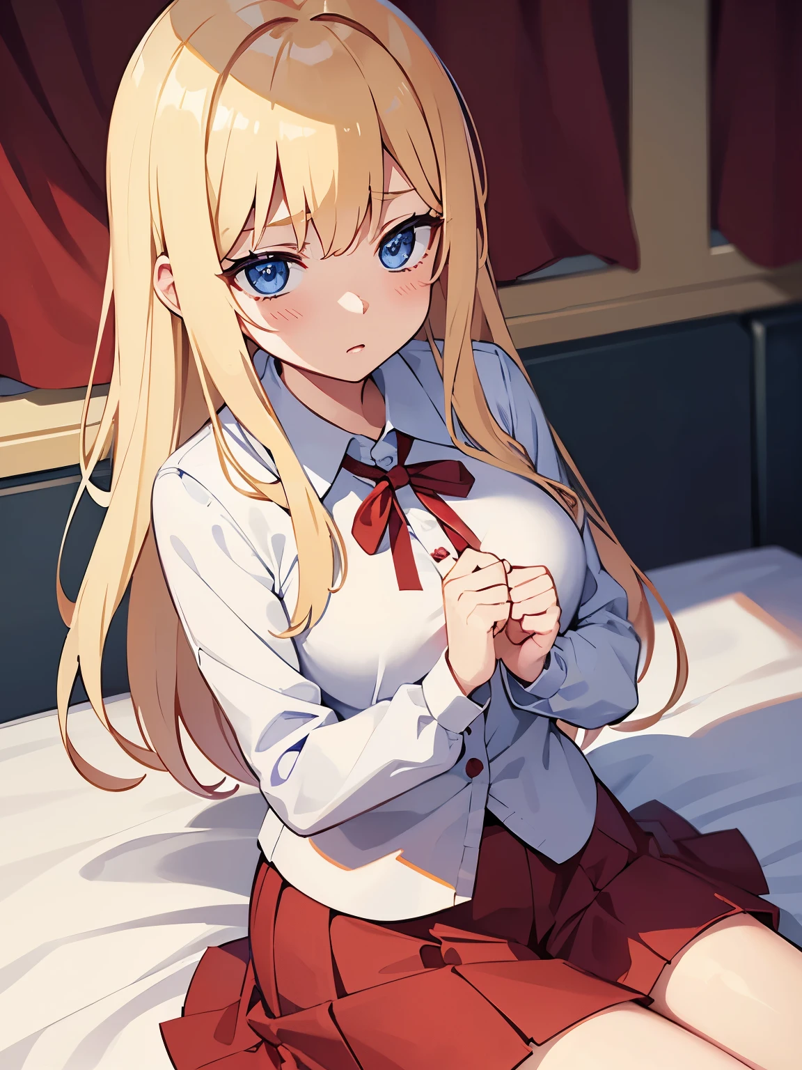 Blonde、Blue Eyes、Embarrassed look、Red cheeks、White dress shirt、Red ribbon on the neck、Navy Skirt、Bed in the background