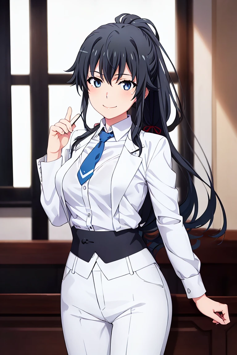 Spring 4321((highest quality)), ((masterpiece)), (detailed) One girl One girl, ;\), Blurred, Blurred_background, chest, , hair_Ponytail Ribbon, logot iting_in_Audience, got it_sign, One_eye_Closed, Open_hand, yukinoshita yukino ,Woman in formal clothes, An intractive coin stands in a large gap in the room , One girl, solo, Blue tie, Black hair, eyes blue, long hair, smile , Collared shirt, White pants, White shirt , Elegantly designed coin , Stand in front of a window ,Perfectly tailored tailcoin. It has a stunning Victorian design and is made of lustrous fabric