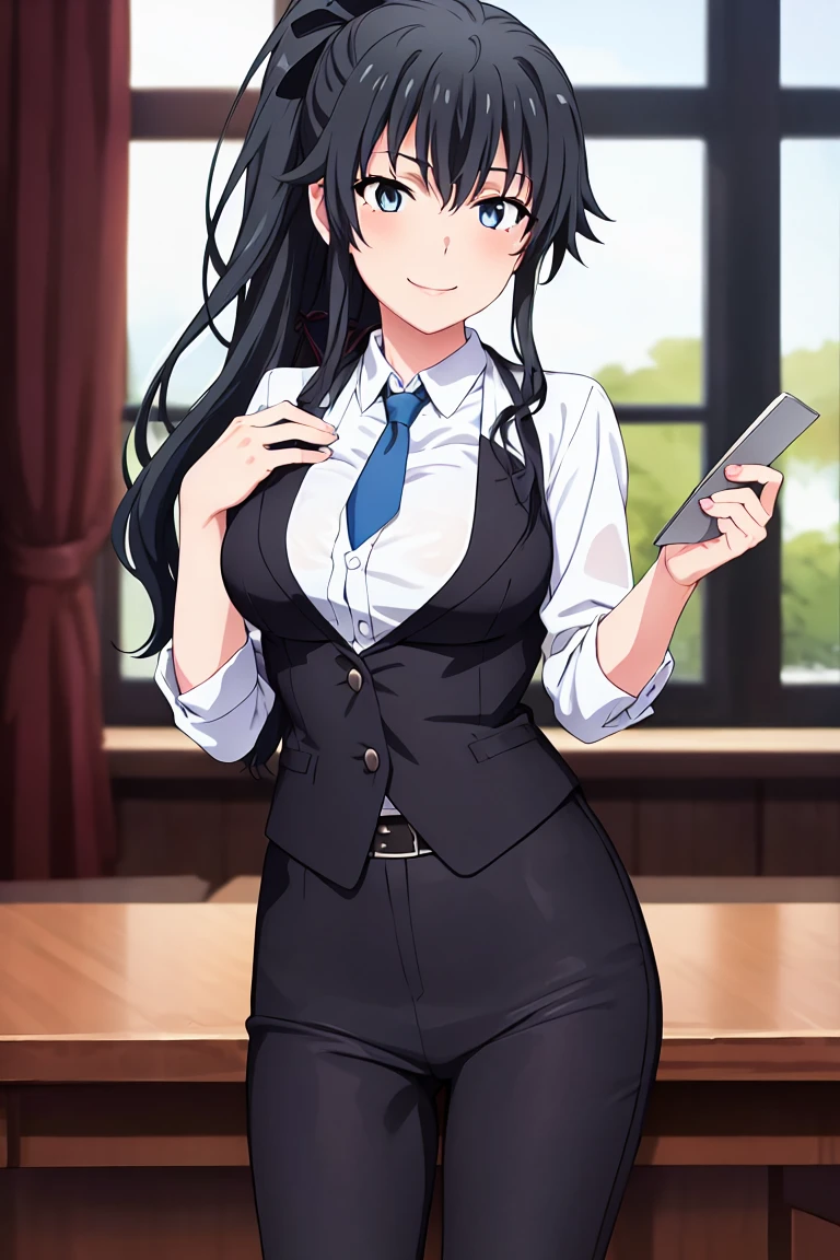 Spring 4321((highest quality)), ((masterpiece)), (detailed) One girl One girl, ;\), Blurred, Blurred_background, chest, , hair_Ponytail Ribbon, logot iting_in_Audience, got it_sign, One_eye_Closed, Open_hand, yukinoshita yukino ,Woman in formal clothes, An intractive coin stands in a large gap in the room , One girl, solo, Blue tie, Black hair, eyes blue, long hair, smile , Collared shirt, White pants, White shirt , Elegantly designed coin , Stand in front of a window ,Perfectly tailored tailcoin. It has a stunning Victorian design and is made of lustrous fabric