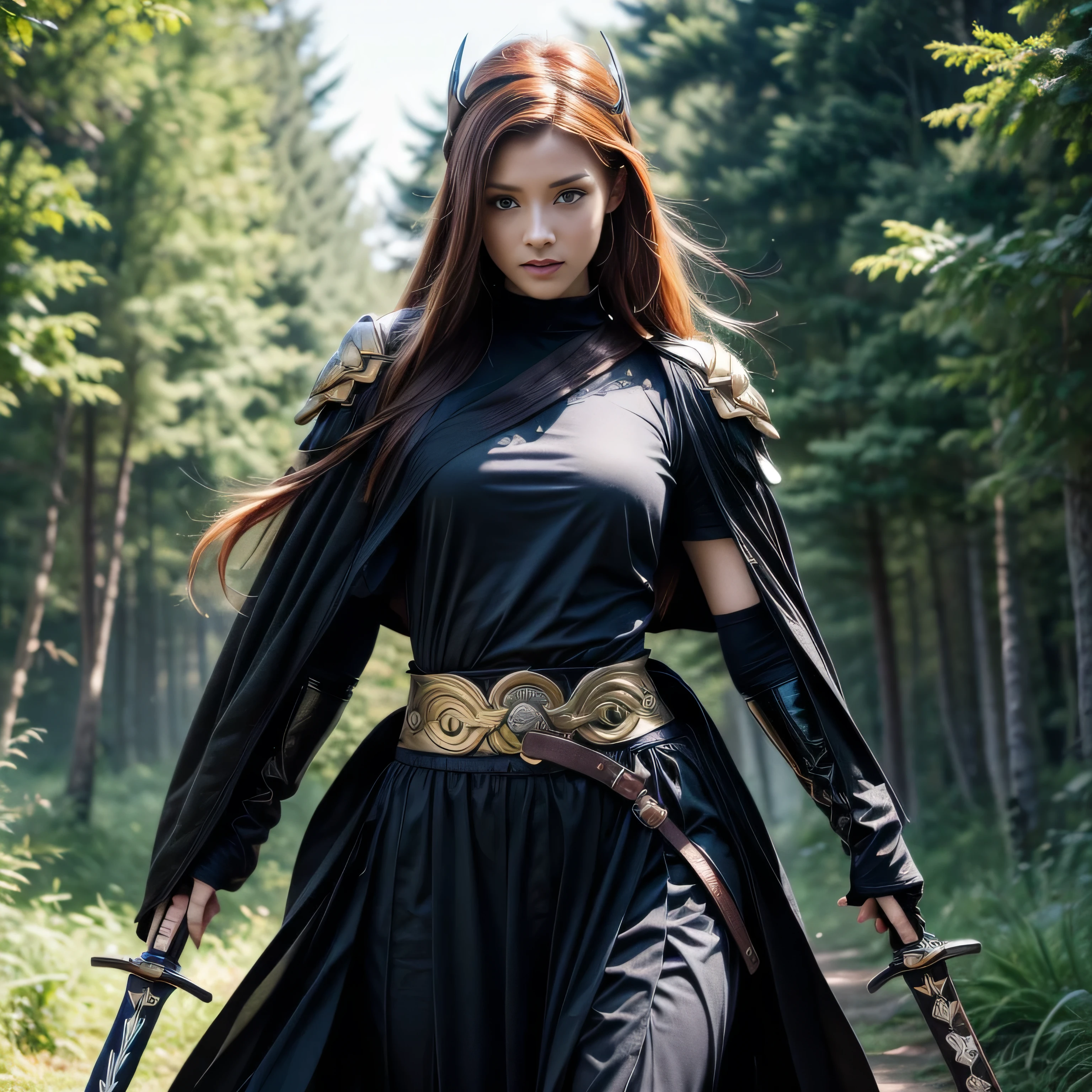 photorealistic, masterpiece, photorealistic, high resolution, soft light, hips up, arm up, blue eyes, ginger hair, long hair, Intricate details EABA, cloaks, Ninja, Armor, warrior, holding sword, glowing sword, sword up, weapon, sharpen steel sword, samurai helmet, Kushina Uzumaki, Konoha forest, Mist village