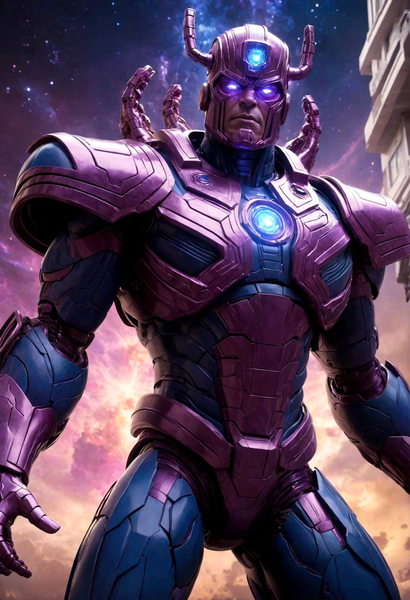 Galactus, Marvel Character, A massive humanoid being with a cosmic-powered exosuit, galactic destroyer, immensely powerful, imposing presence, towering figure, cosmic energy manipulation, swirling energy effects, cosmic purple and blue hues, dramatic lighting, cinematic composition, hyper detailed, 8k, photorealistic, intricate sci-fi design, mechanical details, intimidating expression
