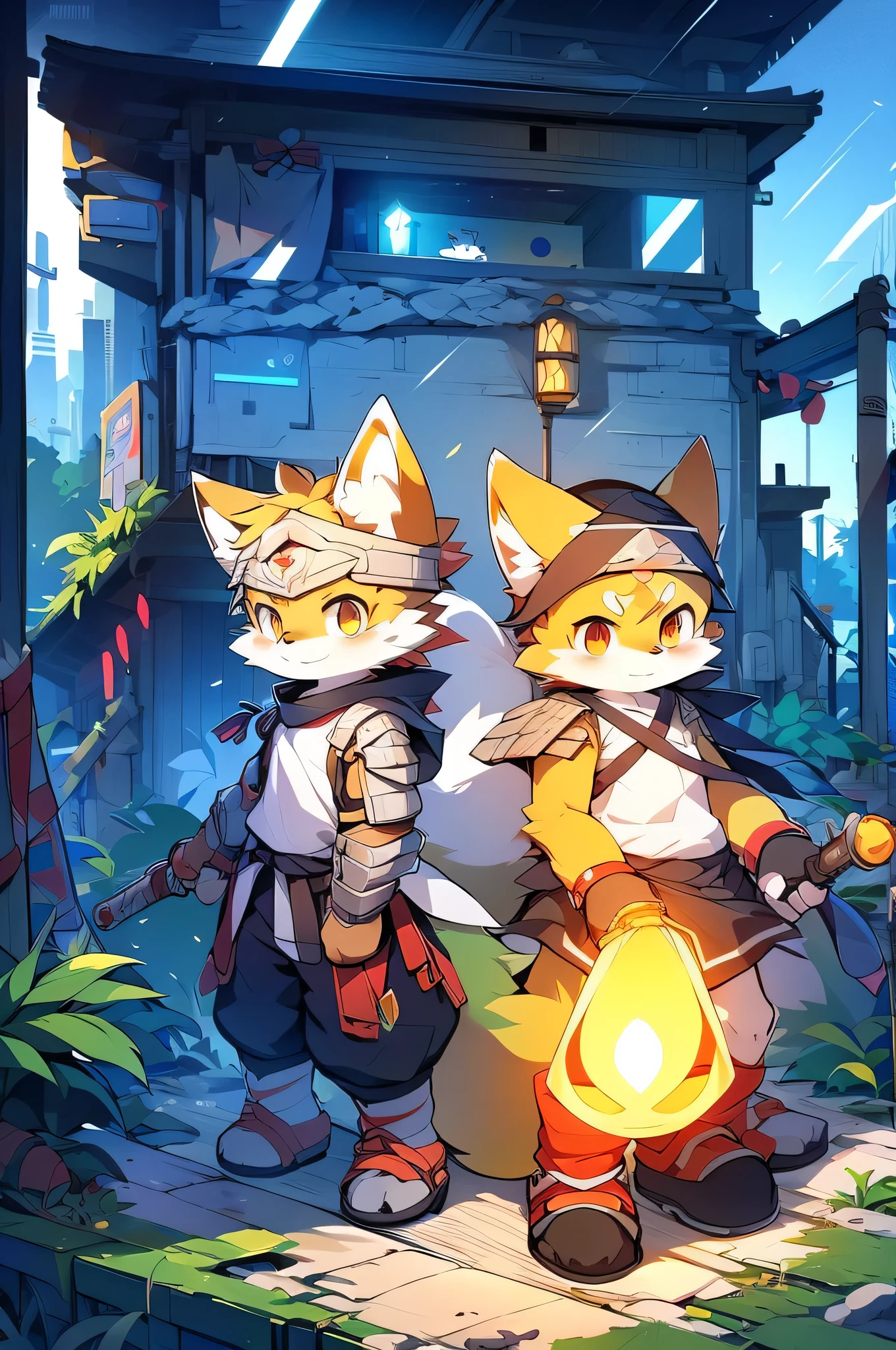 Image of a fox wearing anime-style sword and Japanese costume, Armor with a fox motif, The fox and the bush, The fox and the bush holding a naginata, kitsune, Farson!!!!, Fox with a torch, furaffinity Farson, Anthropomorphic Cyberpunk Fox, tonic the fox, Anthropomorphic Shiba Inu
