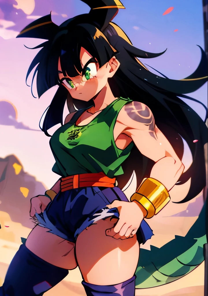 ((solo:1.2)) A ((Thick)) African American female with long black hair cosplaying in a ((Dragon Ball Z)) outfit, slanted green colored eyes, ((standing up)) blushing with bracelets on both of her arms, and a ((Dragon Tattoo)) coming down on the ((side)) of her ((Right Arm)).