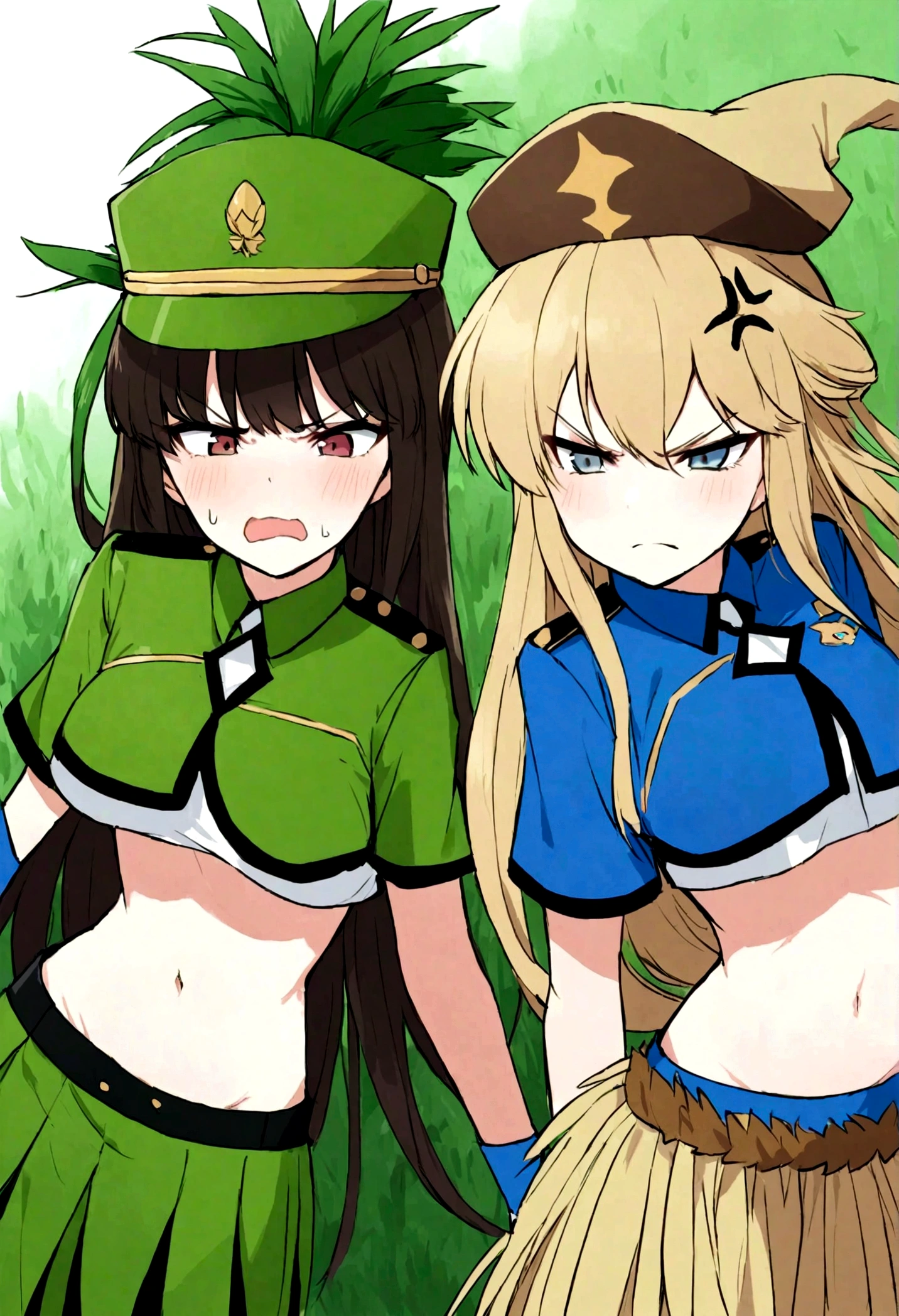 Which girl,hat which,angry face,long hair, which uniform, navel showing, midriff,grass skirt
