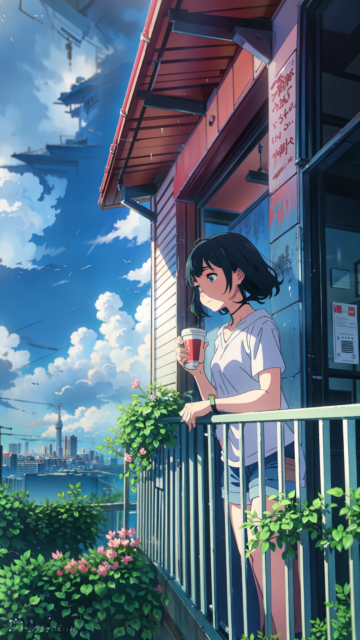 a girl standing on a balcony with a cup of coffee, cgsociety 9, chillhop, alena aenami and artgerm, makoto shinkai and artgerm, lofi girl aesthetic, anime scenery, makoto shinkai and (cain kuga), lofi aesthetic, anime landscape, anime nature, roof background, anime wallaper