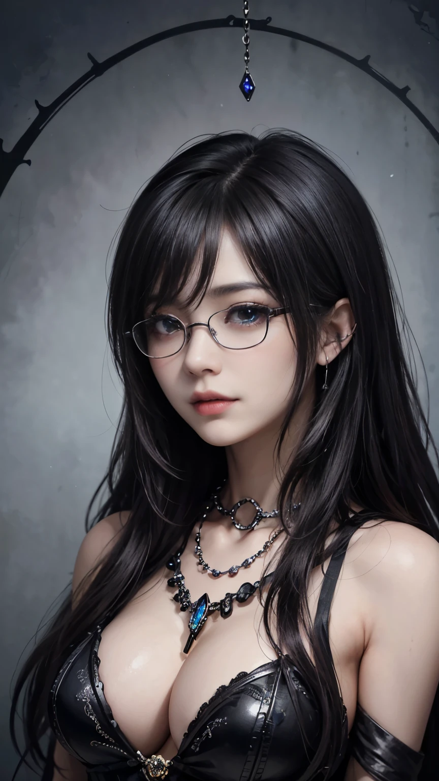 (highest quality,4K,8k,High resolution,masterpiece:1.2),Very detailed,(Realistic,photoRealistic,photo-Realistic:1.37), Close-up of a woman with dark hair and wearing a black dress, Dark Eyes,an  ominous笑顔,((((Glasses))))、((((big sapphire necklace))))、Evil Aura,Burning Flames,Soul Corruption,Dark Shadows,an  ominous雰囲気,Strange symbols,Cursed Land,Eternal Darkness,Unforgettable are present,Intimidating person,Grotesque features,Horror Scene,twisted reality,Scary atmosphere,A wonderful work of art,Evil Unleashed,Supernatural horror,Spooky art,nightmare fuel,Terrifyingly clear,Abstract fear,Terrifyingly beautiful,masterpiece,Fear incarnate,Shadow Chaos,are present,to be born々Shii Darkness,in style of Dark Fantasy Art, Dark Fantasy Art, Beautiful and elegant queen of darkness, Dark Fantasy Art, fantasy dark art, Dark fantasy digital art, Gothic fantasy art, Gothic Dark Maiden, Detailed Texture,Spooky creatures,an  ominous雰囲気,Mythical,Space horror,darkness,Mysterious,Dark aesthetic,Fog Background,Eyes of another world,Ancient Gods々々々々々, Powerful wizard, MysteriousStanding in the woods. Flowing robes decorated with symbols, Arms stretched out, Powerful,Tentacles,Pitch black blackness,Majestic,Unfathomable depth,nightmare,The are present of the universe,an  ominousare present,seeping darknesss,Secrets of the Universe, (Spooky atmosphere), (((Dramatic Shadows), (Dynamic pose), ((Artistically expressed)), ((charm), (Gothic), (Mysterious Setting), (Moody color palette), (Skillfully drawn), (sense of unease), (Intricate details), (an  ominous smile), (an  ominous), (charm eyes), (Horror elements), (charm composition), (Impressive anatomy),(Striking contrast))), (Interesting character designs)、Dark Fantasy Portrait, Portrait of the Dark Goddess, 