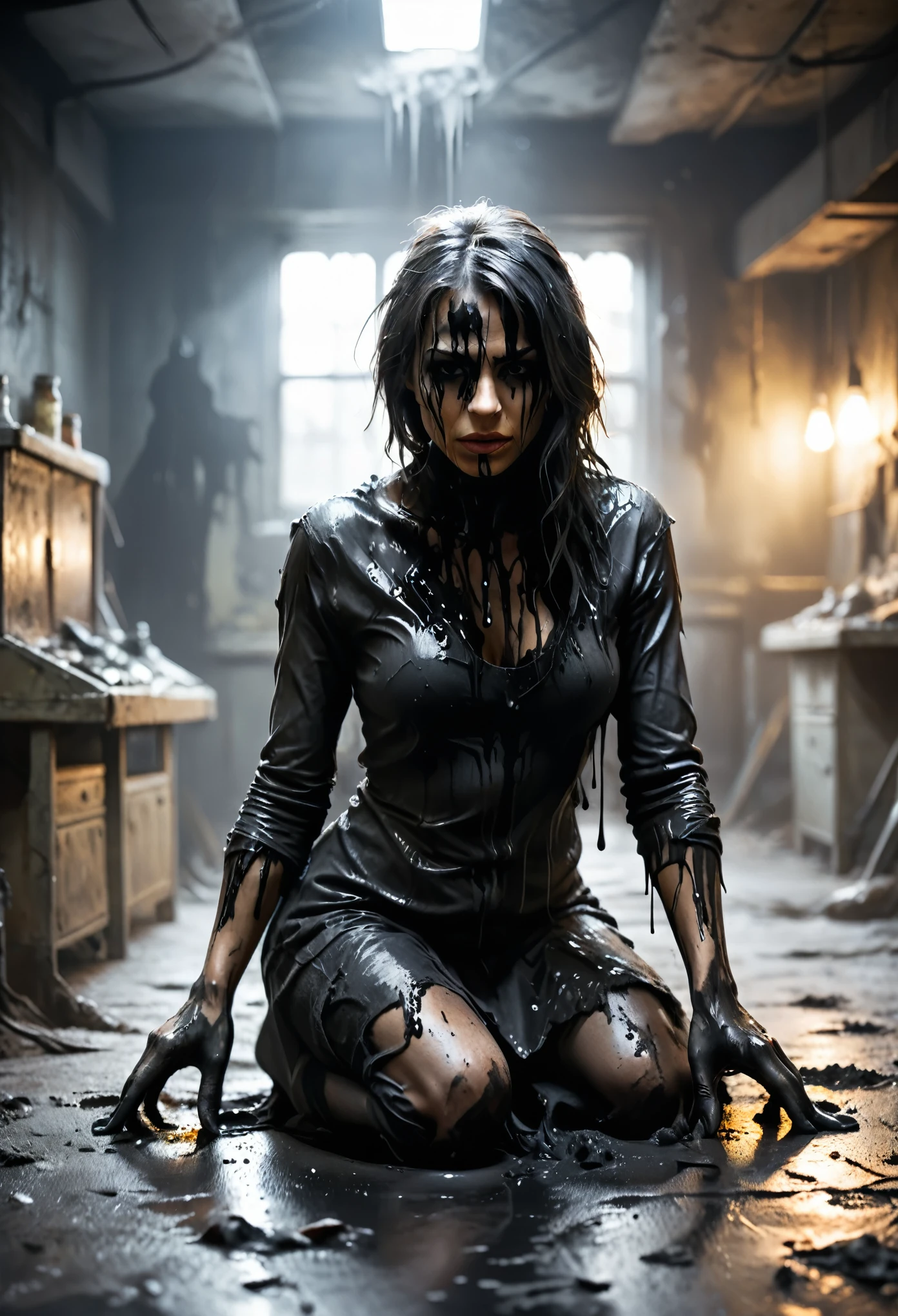 A photograph of a beautiful woman on her knees wearing ragged ripped black clothes, she his covered by black paint which is dripping on the ground, she is in a dilapidated lab, noir lighting, ambient occlusions, depth of field, raw photography, intricate details, realistic textures