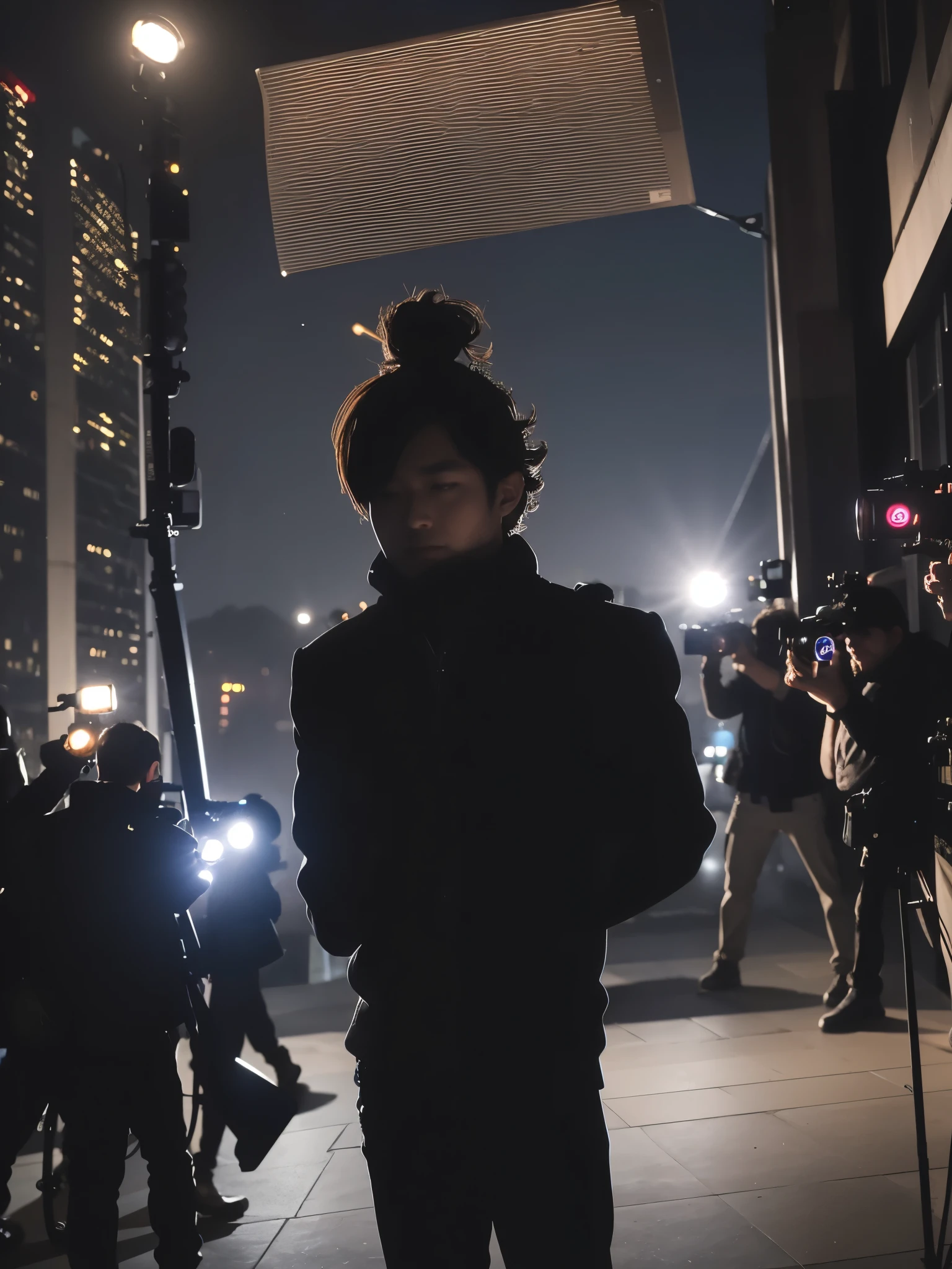 A star,Surrounded by paparazzi,Paparazzi took pictures of him with their phones and cameras,Half Body,What a shadow,Darker background